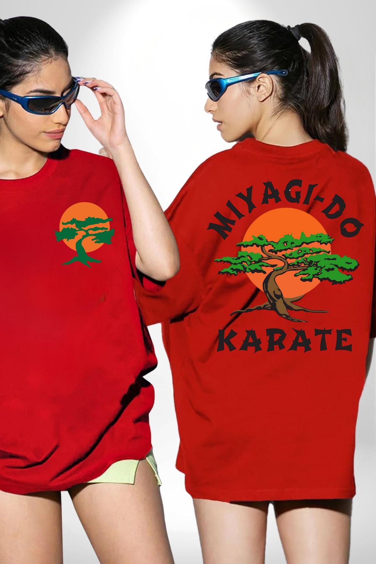 Angemiel Miyagi-Do Karete Çocuk Logo Dizi Bonzai Ağaç Kırmızı Oversize Kadın Erkek Ön ve Sırt Baskılı Tişört