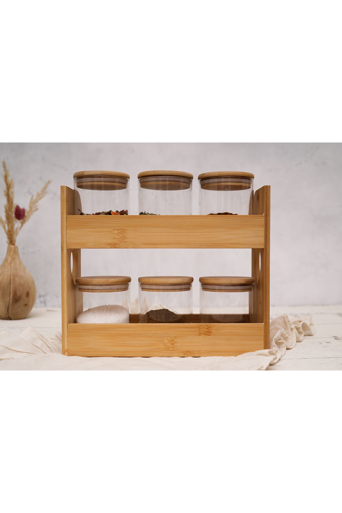 kitchen GRANDE 6'Lı Bambu Vakumlu Kapak Çift Kat Standlıı Tezgah Üstü Cam Kavanoz Seti