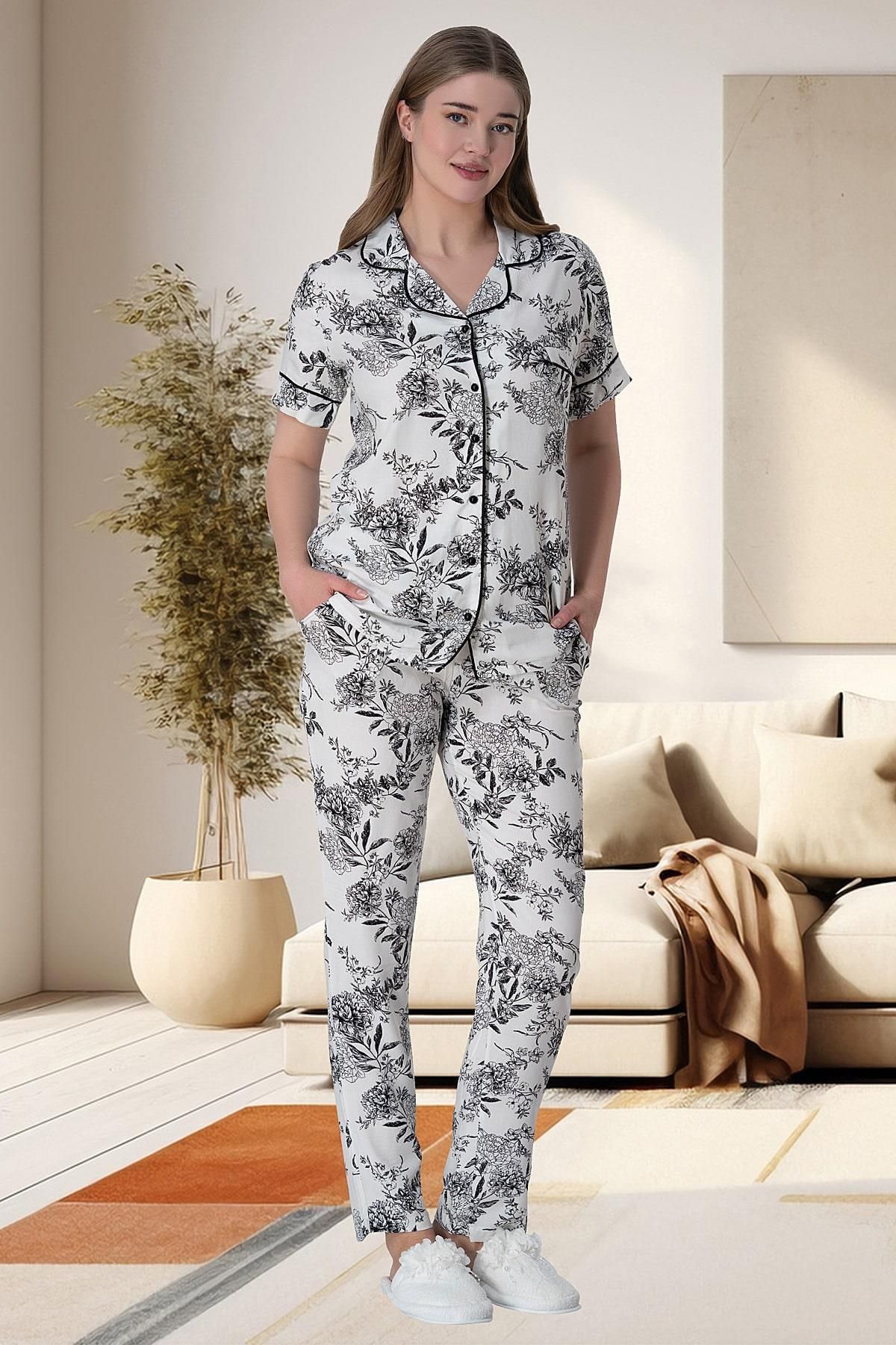 Mecit Pijama Pamuklu Kadın Kısa Kol Çiçek Desenli Düğmeli Pijama Takımı