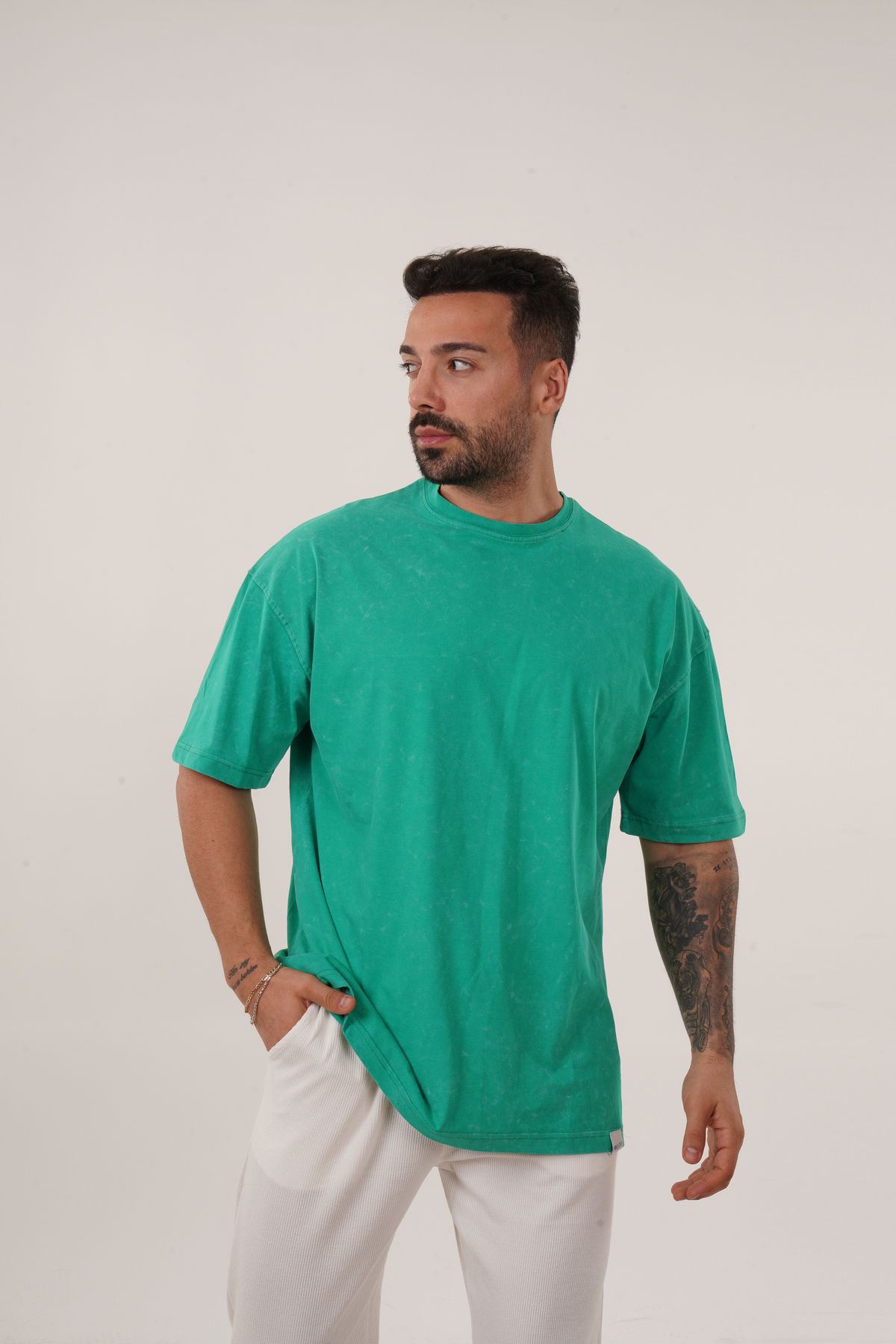 SCSARVİN Çamyeşili Yıkamalı Compak Pamuk Oversize T-Shirt PLZ