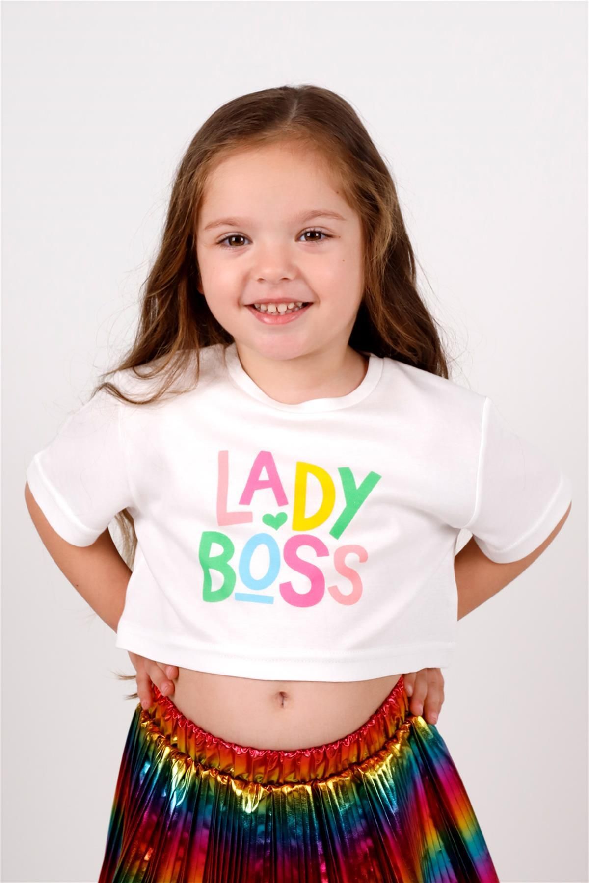 Le Mabelle Beyaz Lady Boss Baskılı Kız Çocuk Crop Tişört - Becky