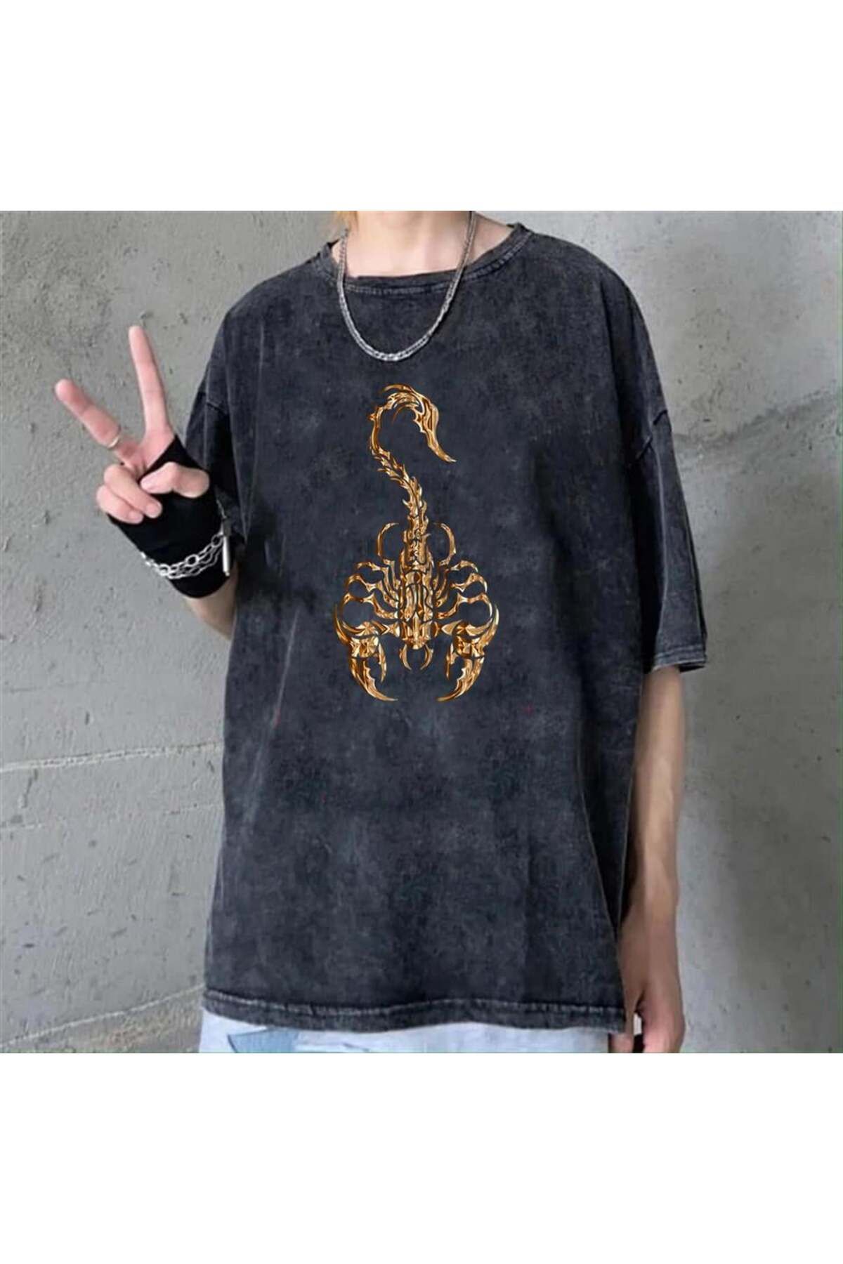 Toum dompuleri moda Yıkamalı Gothic Scorpion Unisex Eskitme T-shirt