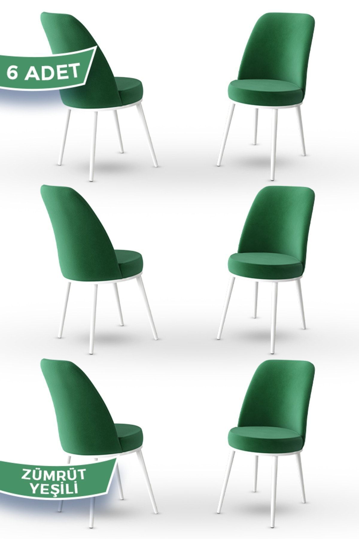 Canisa Jaxe Serisi 6 Adet Zümrüt Yeşili Metal Beyaz İskeletli Yemek Odası Sandalyesi