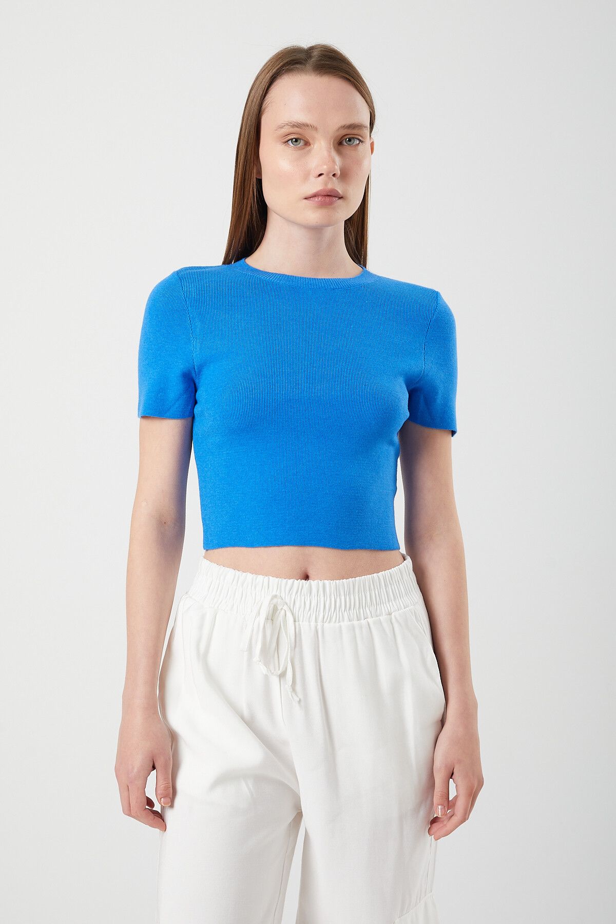 Mixray 6725 Kadın Mavi Yumuşak Dokulu Yazlık Triko T-Shirt