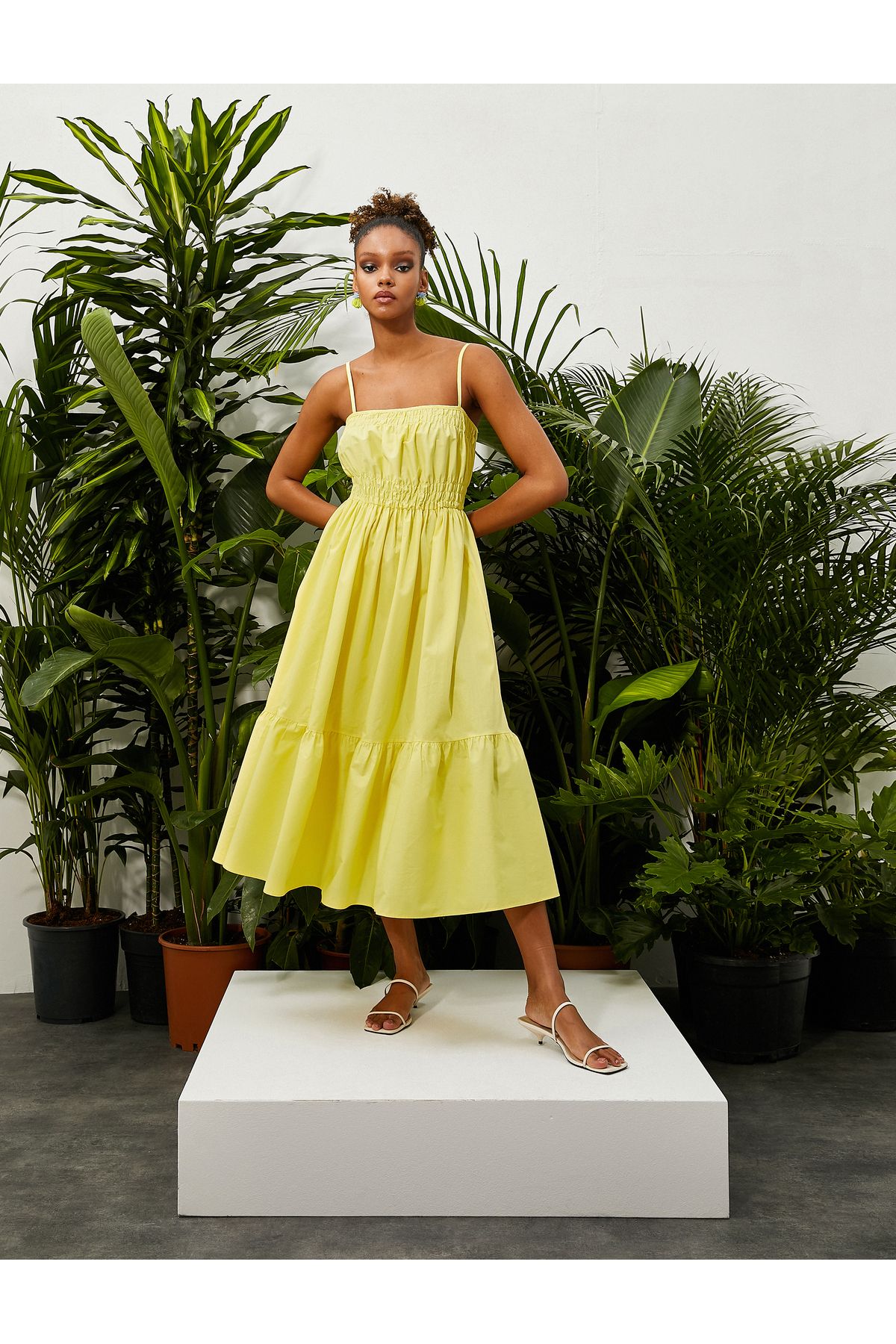 Koton Düz Yaka Düz Sarı Uzun Kadın Elbise 3sak80005pw