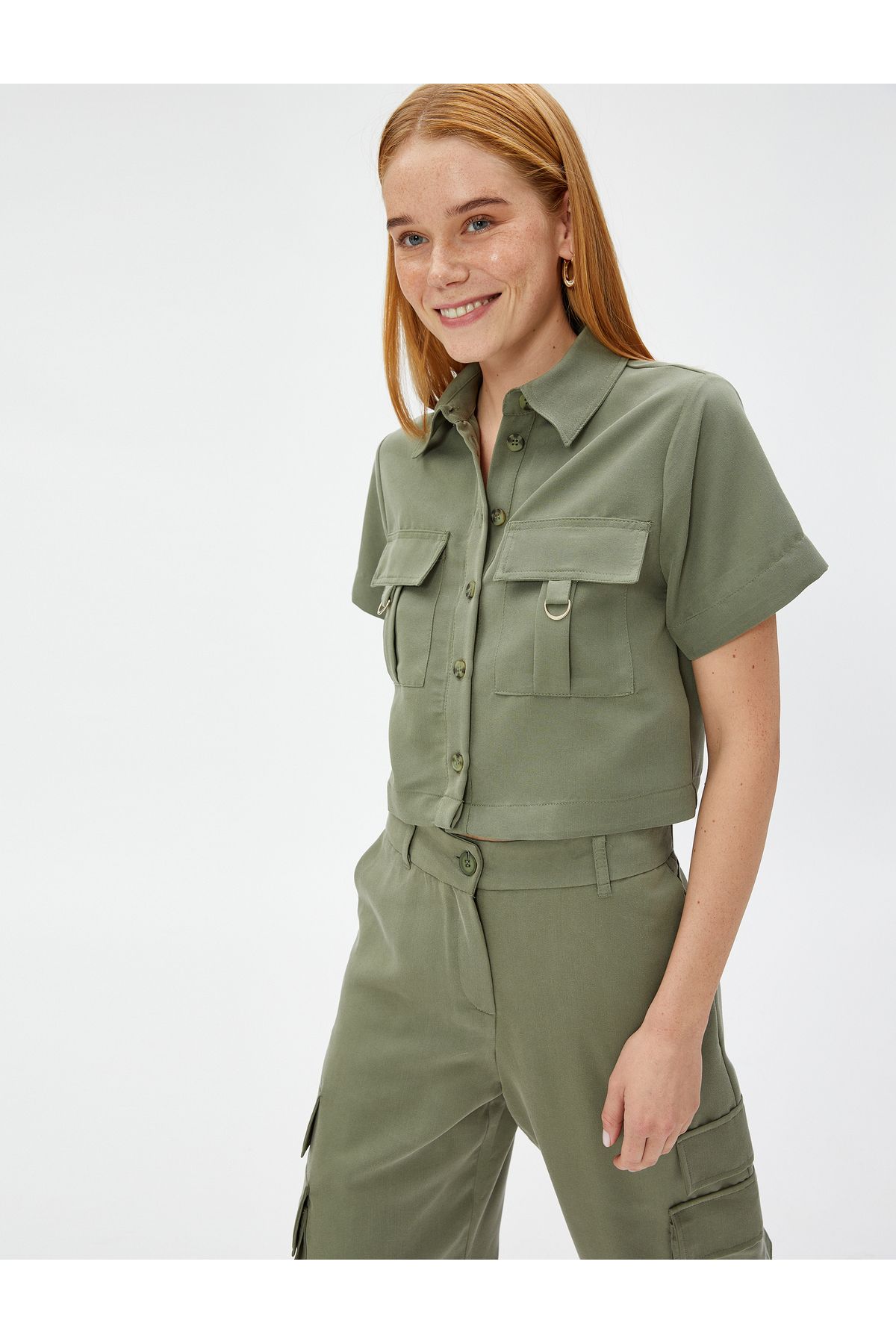 Koton Crop Safari Gömlek Cepli Modal Karışımlı
