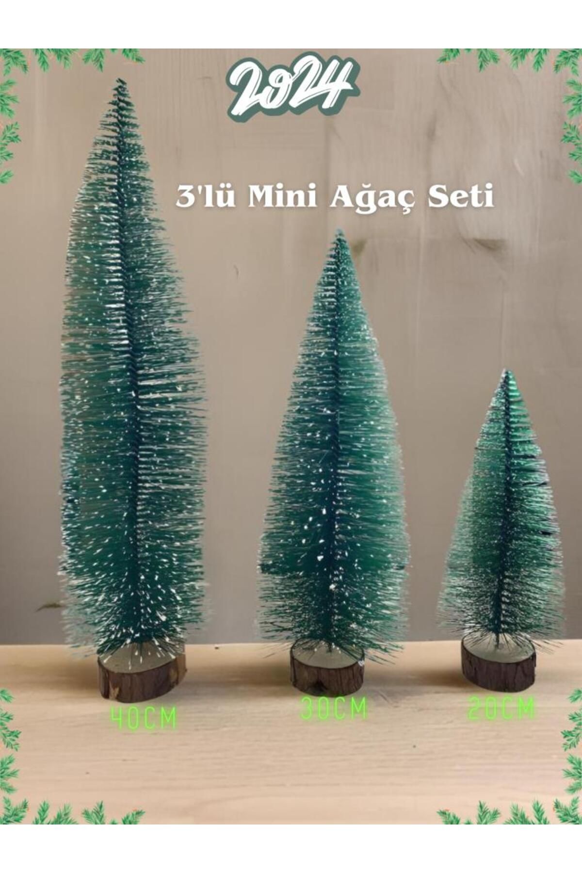 buradanaldım 3'lü Yılbaşı Mini Masa Ağacı Seti, 40cm 30cm 20cm Kütük Yapay Noel Dekoratif Çam Ağacı, 3 Adet Ağaç