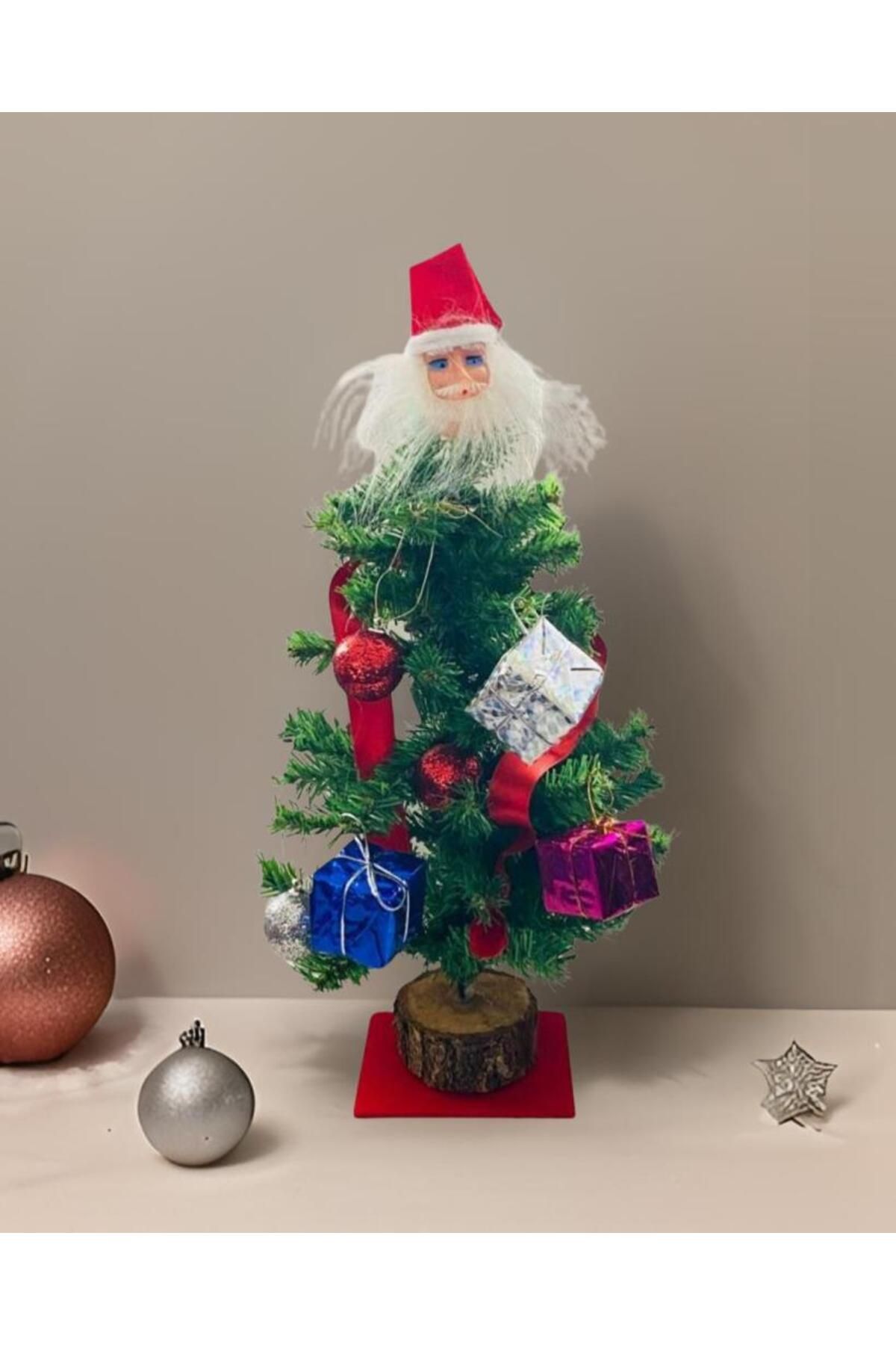 buradanaldım Yılbaşı Ağacı 30 cm Kütüklü, Noel Baba Süs Hediyeli, Yılbaşı Hediyelik, Masa Süsü Dekoratif Ağaç