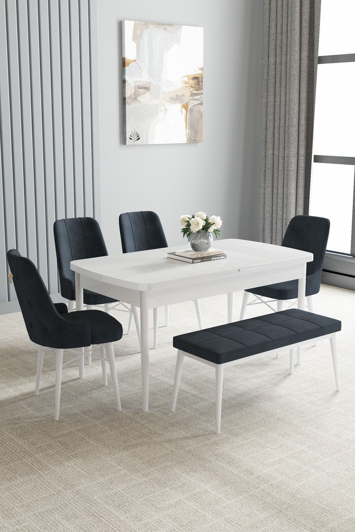 hoopsii Jusie Beyaz 80x132 Açılabilir Mutfak Masası Takımı 4 Adet Sandalye