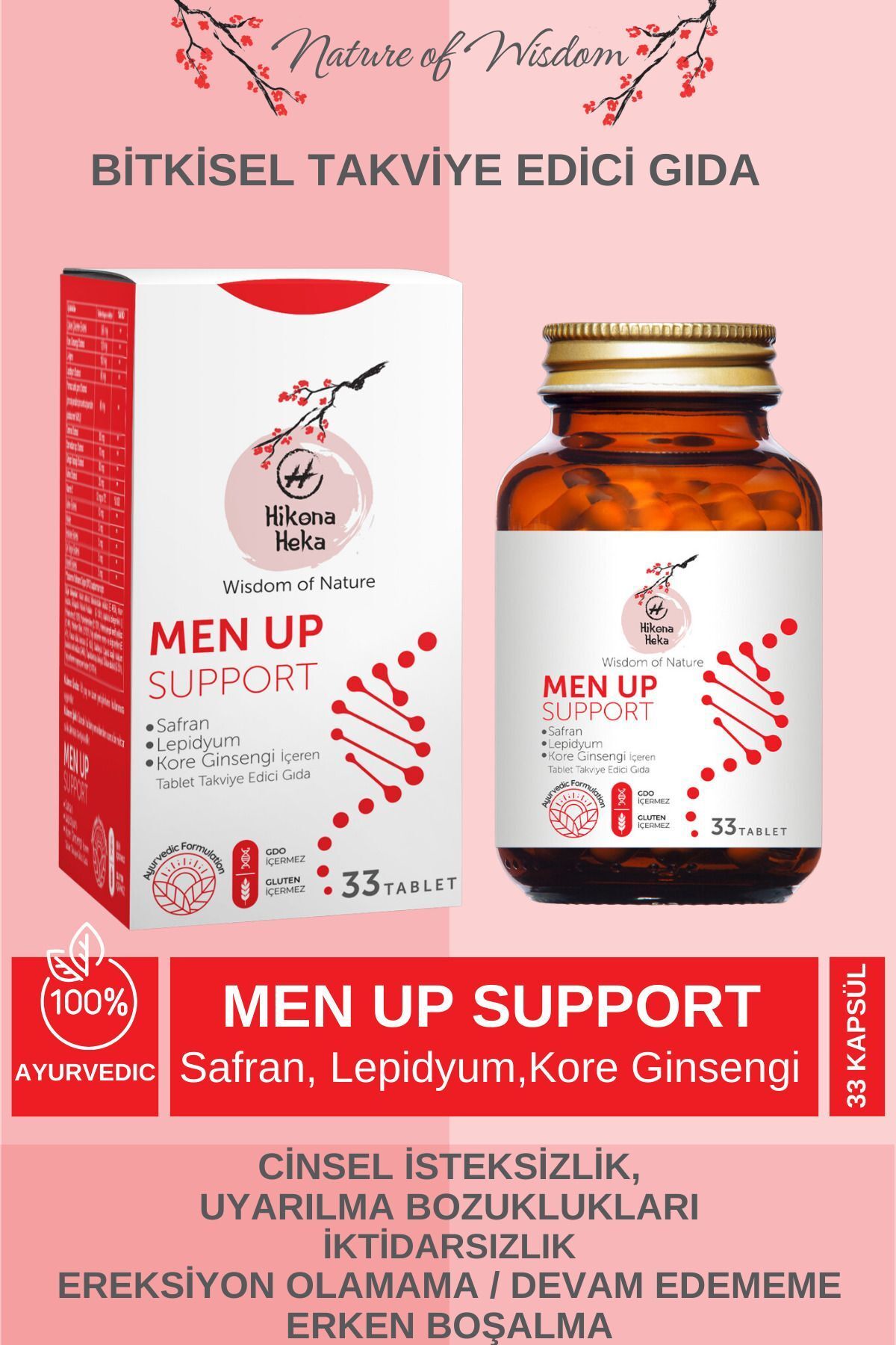 Hikona Heka MEN UP SUPPORT Safran,Lepidyum ve Kore Ginsengi İçeren Takviye Edici Gıda 33 Bitkisel Tablet