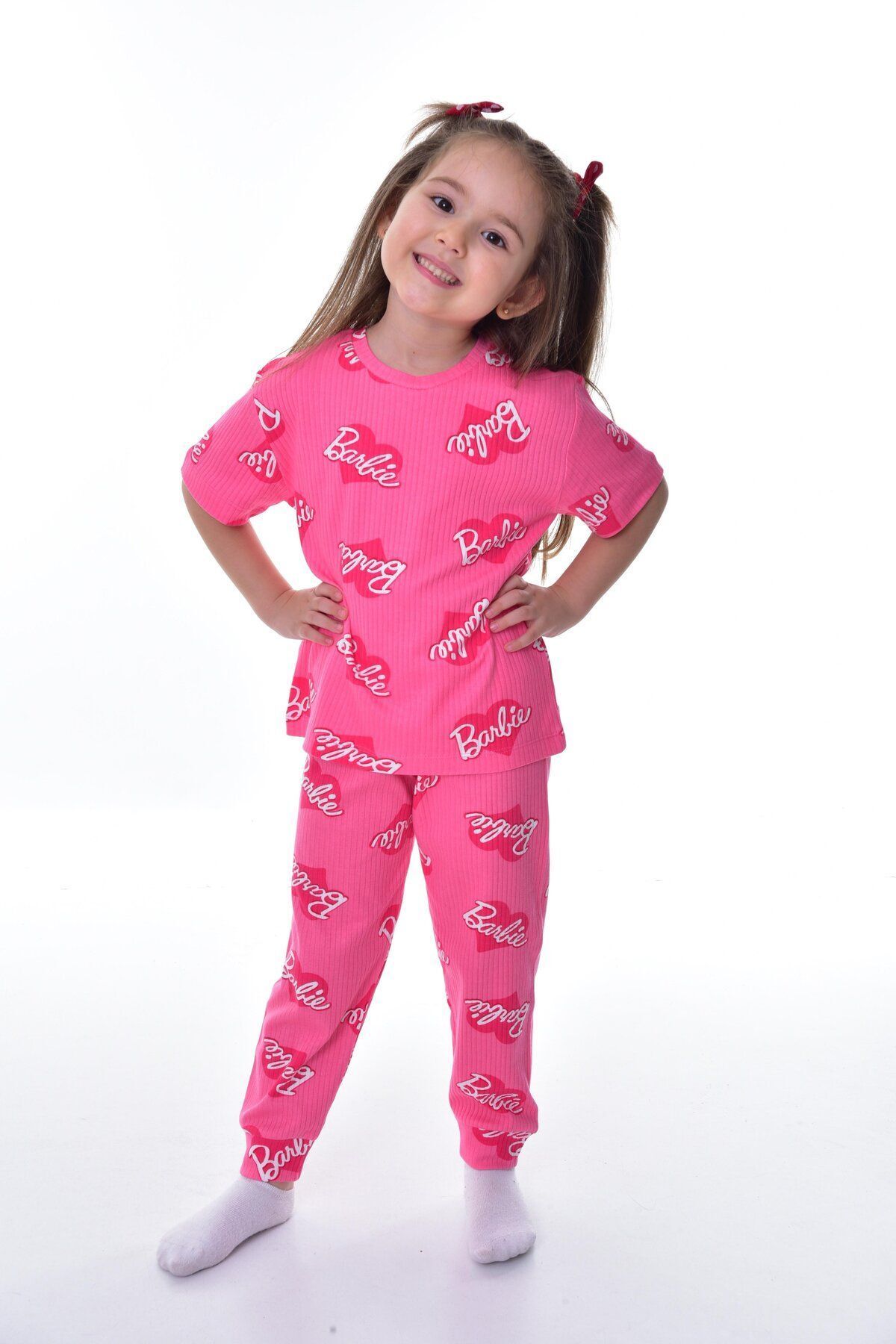 bunny hopp %100 Pamuk Fitilli Interlok Kumaş Barbie Kız Çocuk Pijama Takımı