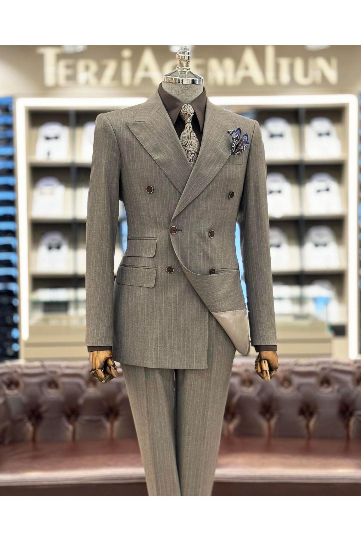 TerziAdemAltun İtalyan stil slim fit çizgili kruvaze ceket pantolon takım elbise kahverengi T11690