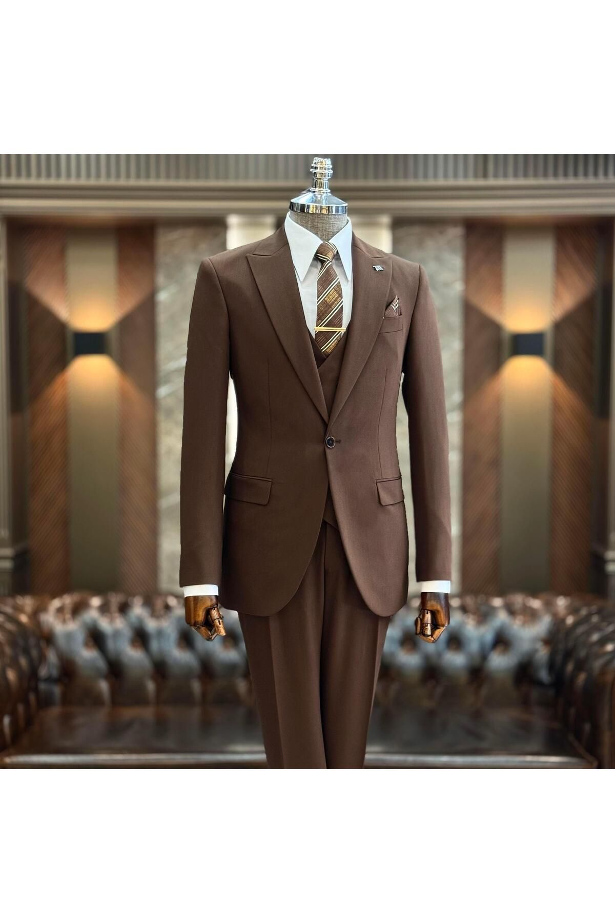 TerziAdemAltun İtalyan stil ceket yelek pantolon takım elbise kahverengi T12015