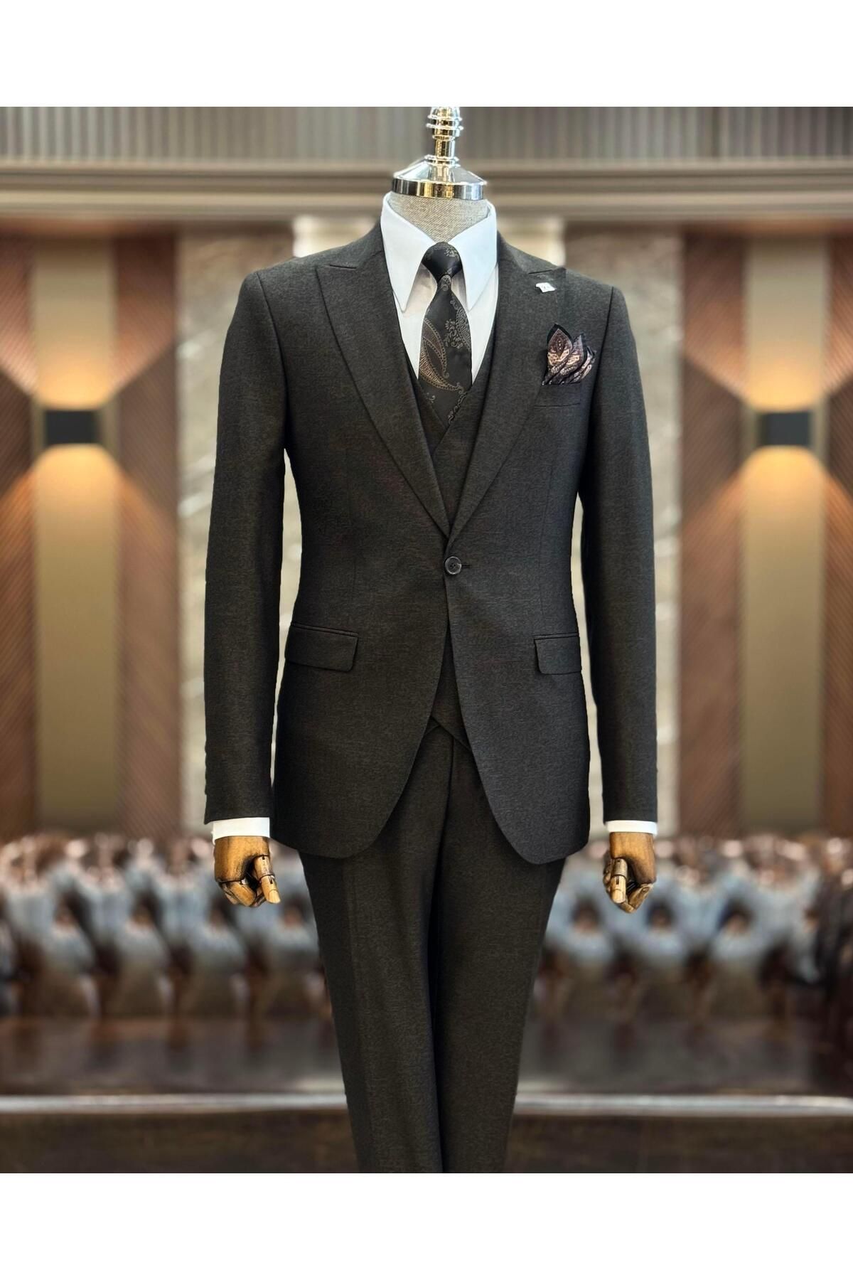 TerziAdemAltun İtalyan stil slim fit ceket yelek pantolon takım elbise kahverengi T9954