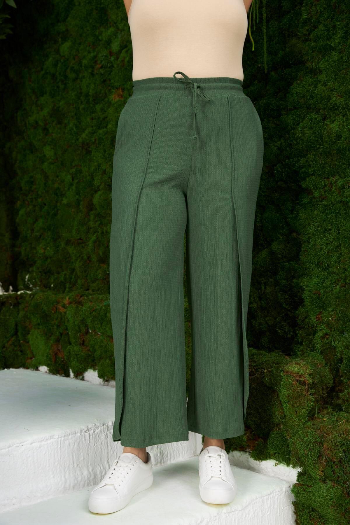 Rmg Bel Bağcık Detaylı Yırtmaçlı Büyük Beden Yeşil Bürümcük Pantolon