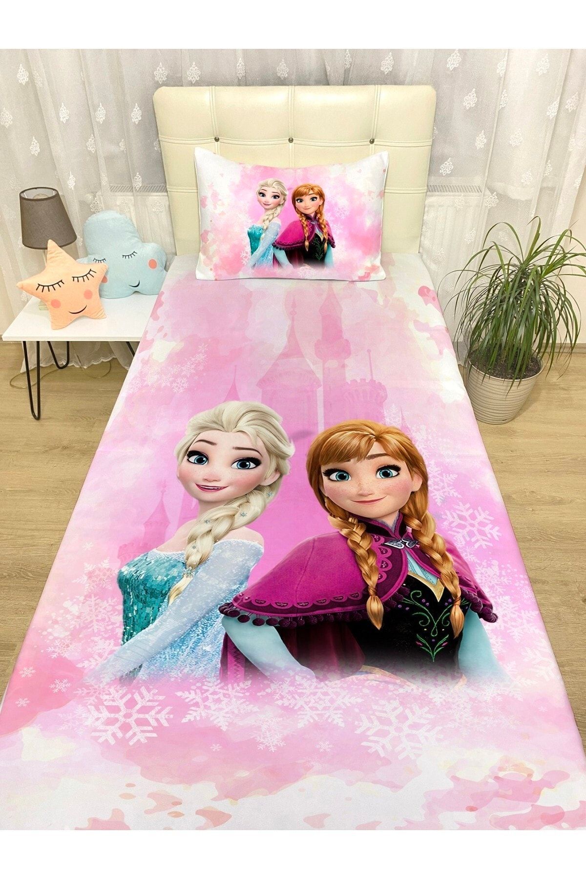 Evpanya Pembe Karlı Kale Elsa Anna Desenli Yatak Örtüsü Ve Yastık Kılıfı