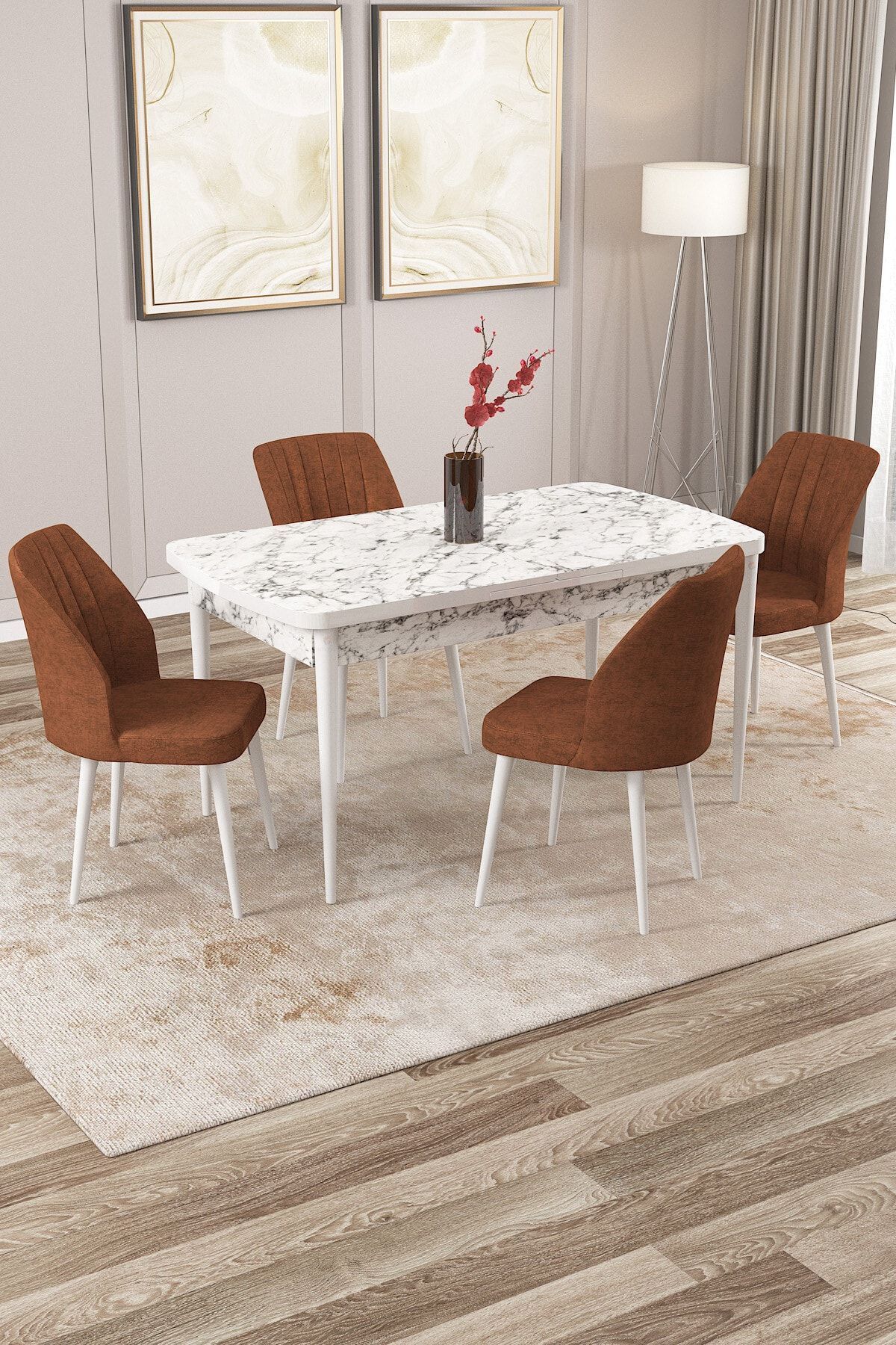 Rovena Zeta Beyaz Mermer Desen 80x132 Mdf Açılabilir Mutfak Masası Takımı 4 Adet Sandalye