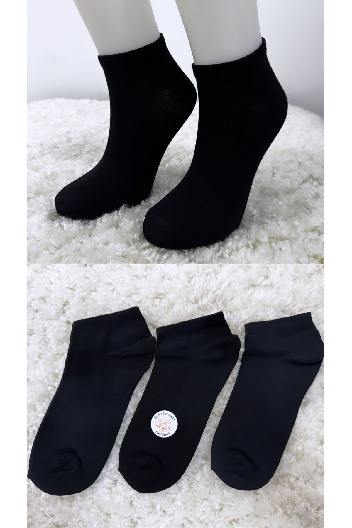 armonika Kadın Siyah Düz Kokulu Soket Çorap 3'lü Paket