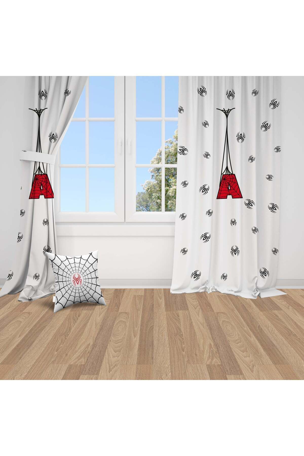 Bebemotto Örümcek Ağı, Ithal Kumaş, Beyaz, Kırmızı, Çocuk Odası, Bebek Odası Fon Perde - 1 Kanat