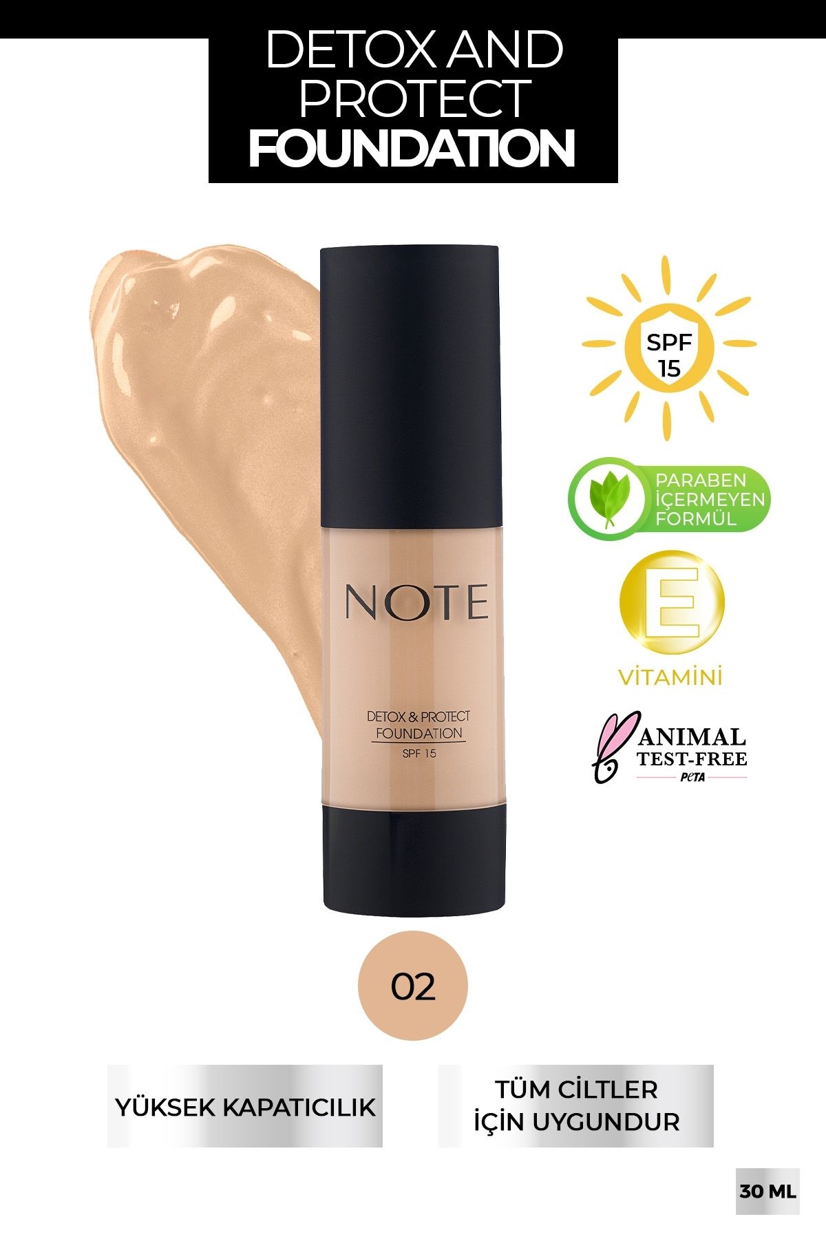 Note Cosmetics Detox & Protect Canlandırıcı Etkili Spf 15 Kapatıcı Fondöten 02 Natural Beige
