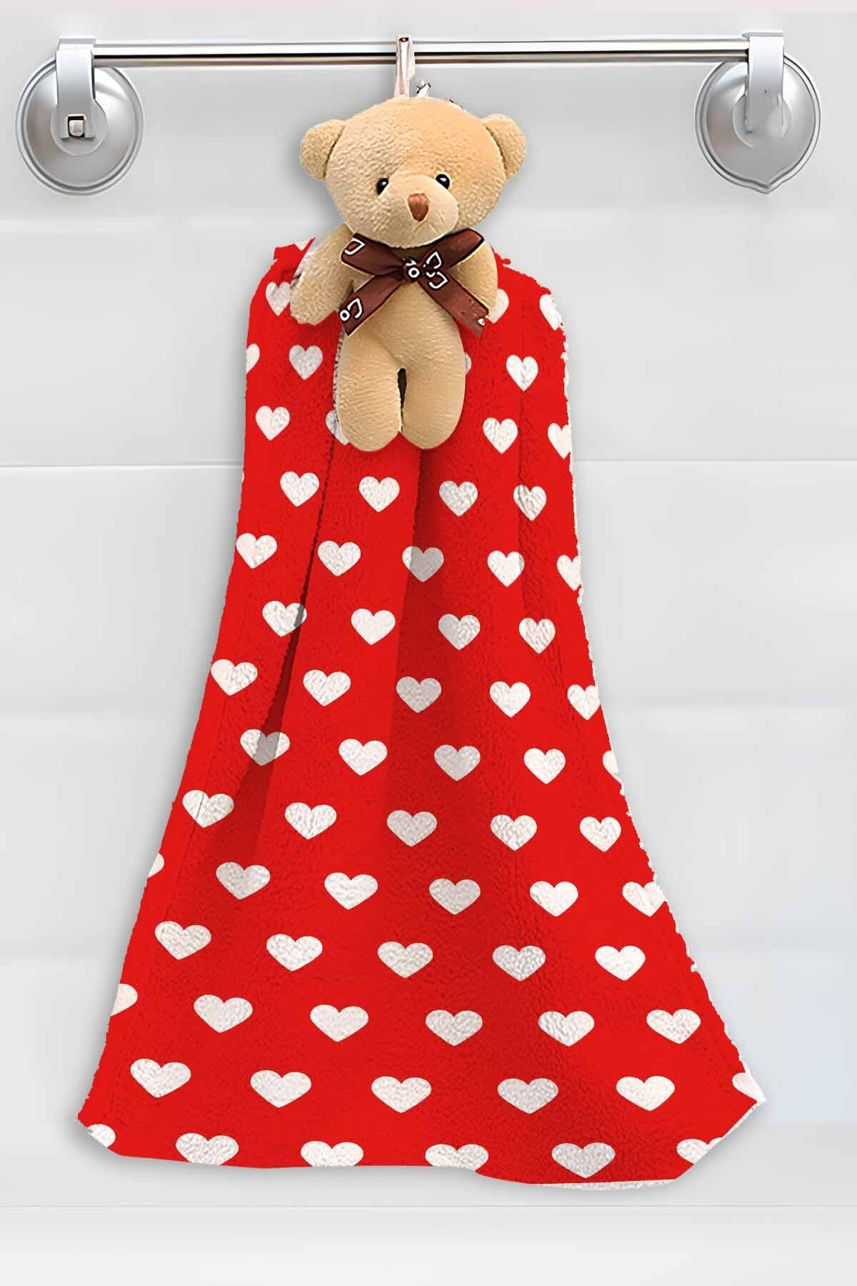 Else Dekor Kırmızı Beyaz Desenli Kalpli Ayıcıklı Banyo Mutfak El Havlusu 30x35 cm