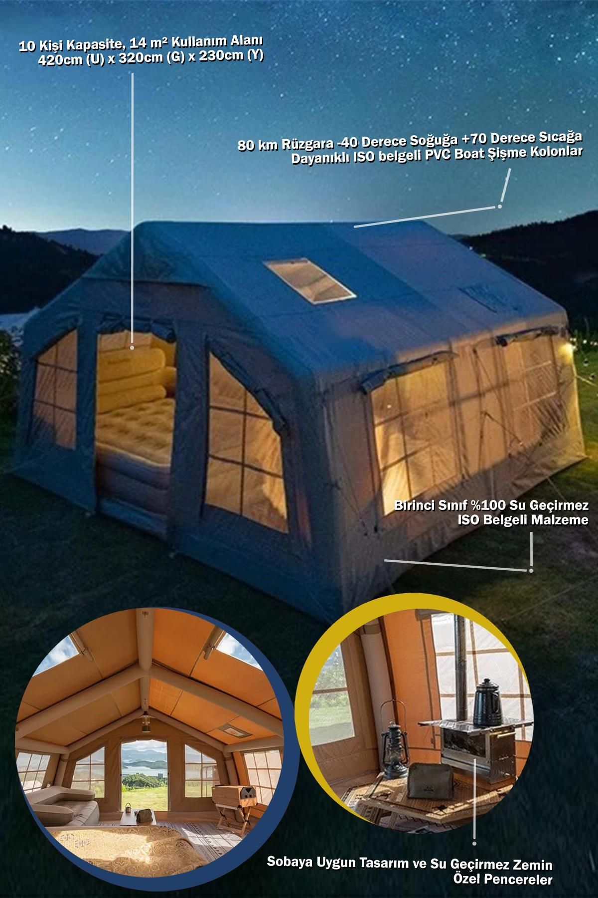 Hsport Mega Kalite 4 Mevsim -40 Derece Büyük Boy Ev Tipi Çadır Su Geçirmez Lüx Pencereli Şişme Kamp Çadırı