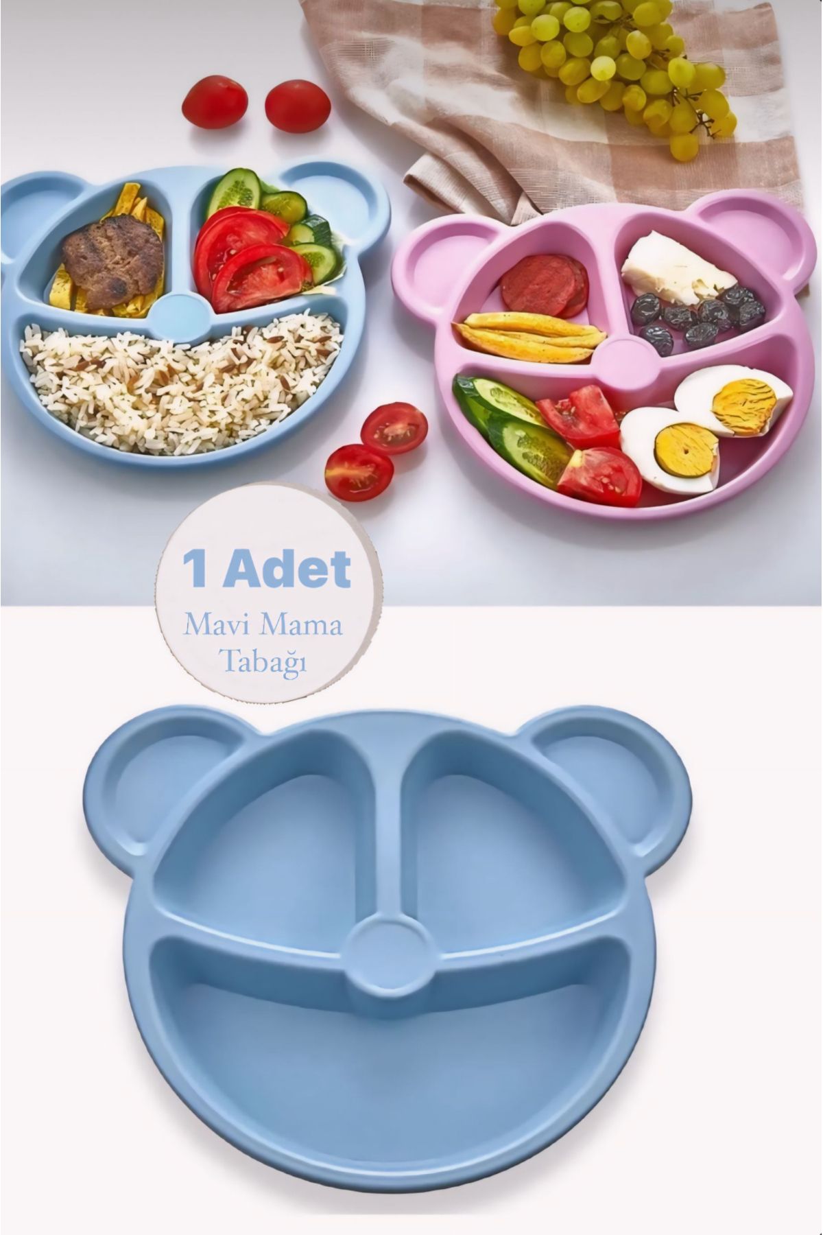 Eli-Ka Home Mavi Ayıcık Şekilli Mama Ve Yemek Tabağı, 3 Bölmeli, Eğlenceli Çocuk Bebek Kahvaltı Ve Yemek Tabağı
