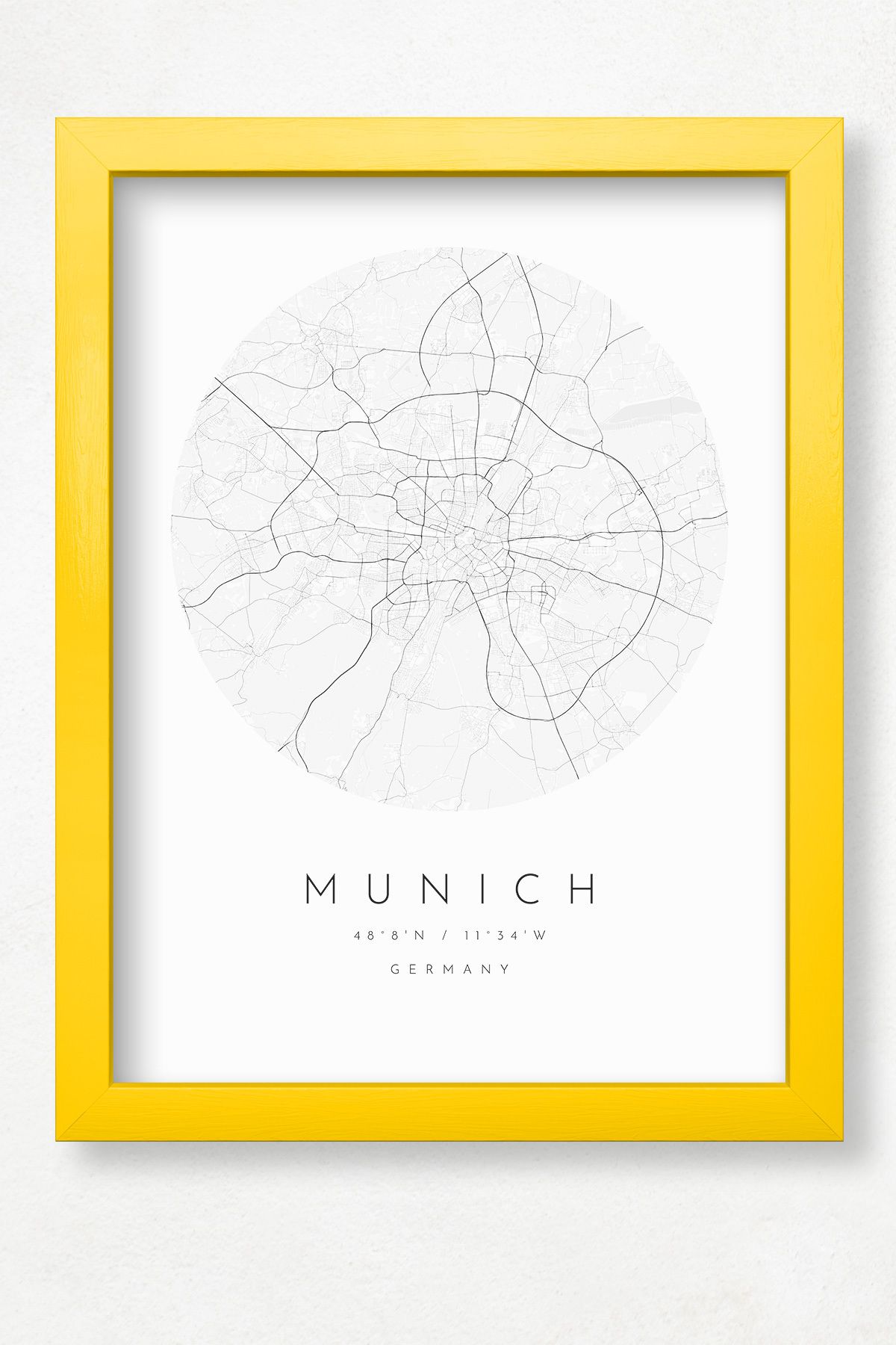 DuoArt Munich Şehir Haritası/Doğal Ahşap Çerçeveli Poster/Çerçeve Rengi:Zen Sarı