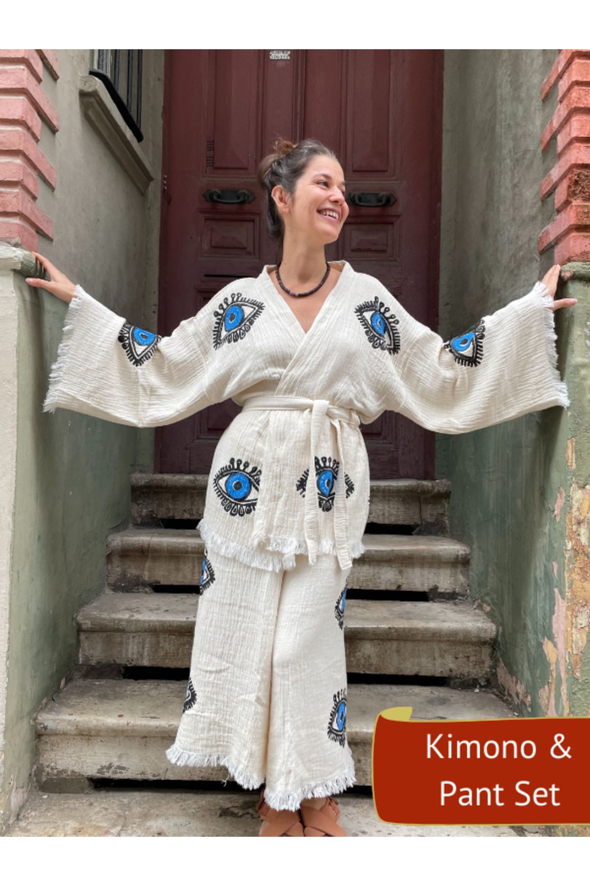Bohoyasam Bohem Müslin Kimono Pantolon Takım, Mavi Gözlü Kimono, Yoga Kimono, Festival Kimono