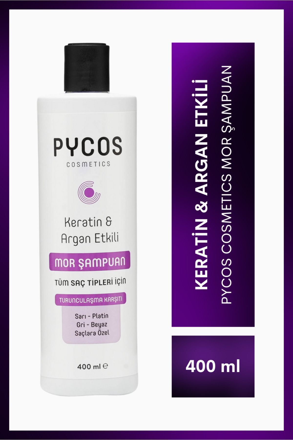 PYCOS COSMETICS Turunculaşma Karşıtı Mor Şampuan 400ml, Sarı-gri-beyaz Saçlar Için Renk Dengeleyici Silver Şampuan