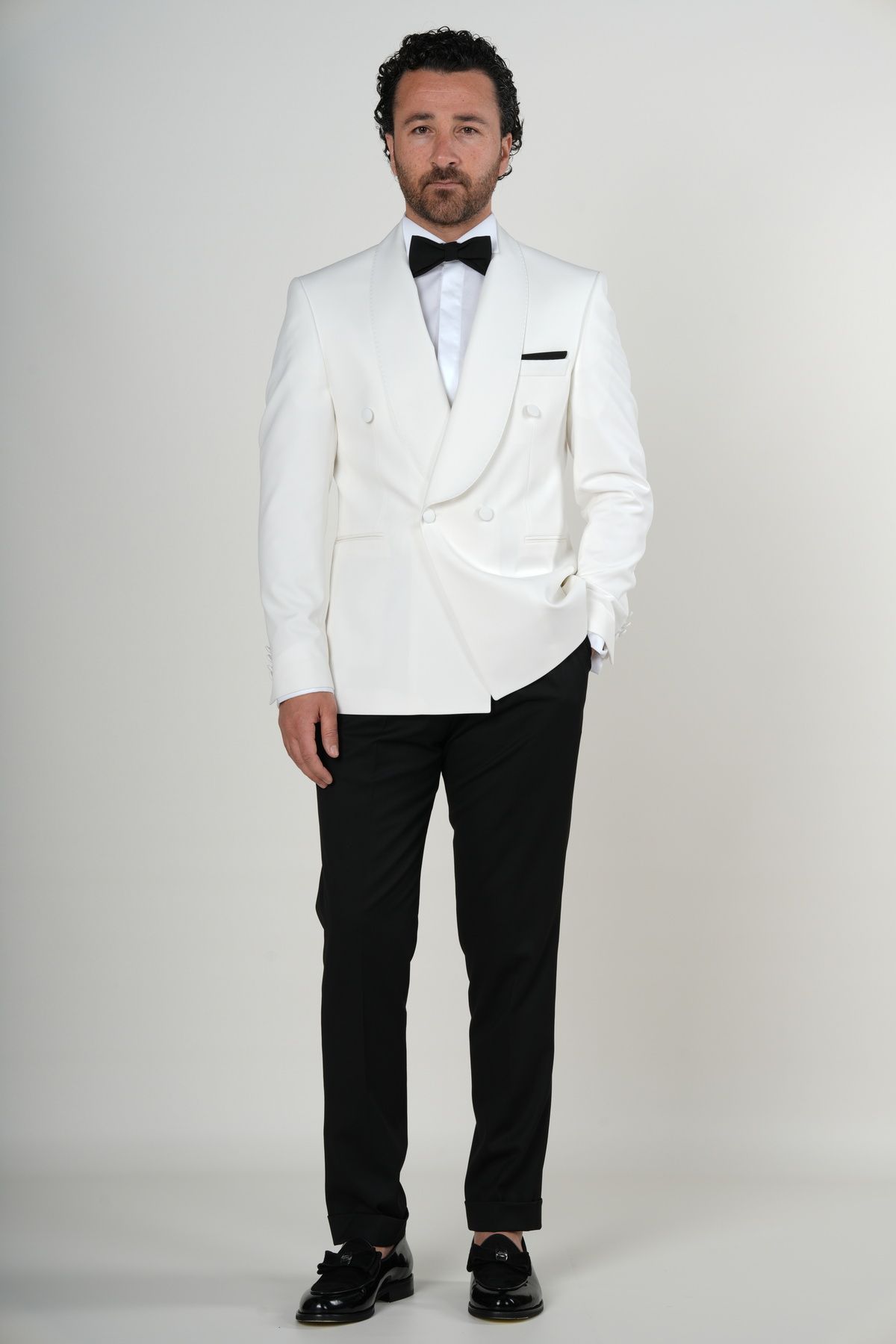 PAREZ Premium Erkek Slim Fit İtalyan Stil  Kruvaze Smokin Puntolu Şal Yaka Damatlık Ceket Pantolon Papyon