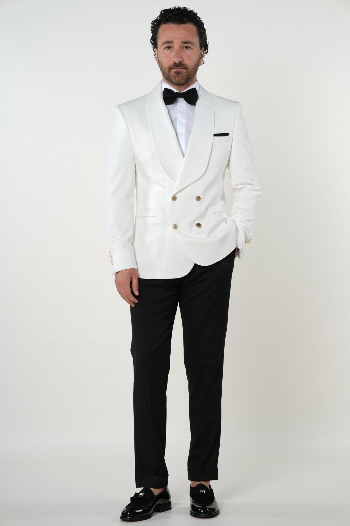 PAREZ Erkek Premium Kruvaze Smokin Damatlık Geniş Şal Yaka İtalyan Stil Ceket Pantolon Papyon-Beyaz