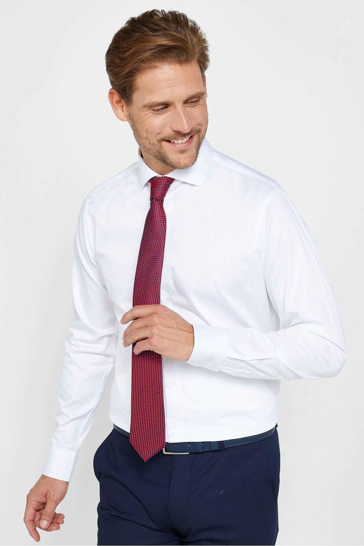 Tudors Slım Fıt Uzun Kollu Yüksek Yaka Premium Seri Cotton Saten Beyaz Gömlek