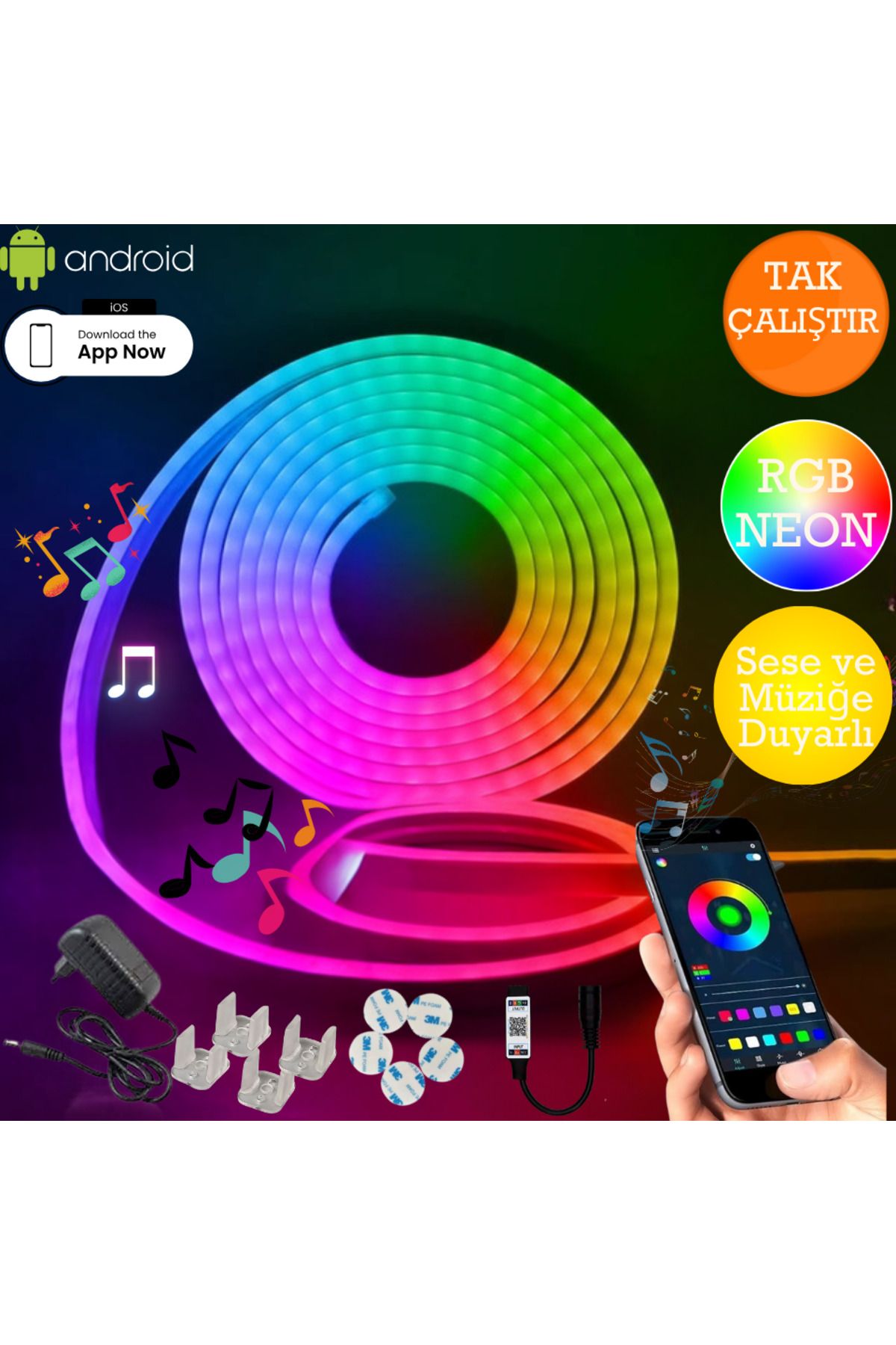 neeko 5 Metre Mobil Kontrollü Neon Strip Rgb Led Sese Ve Müziğe Duyarlı Esnek Tak Çalıştır Set Full