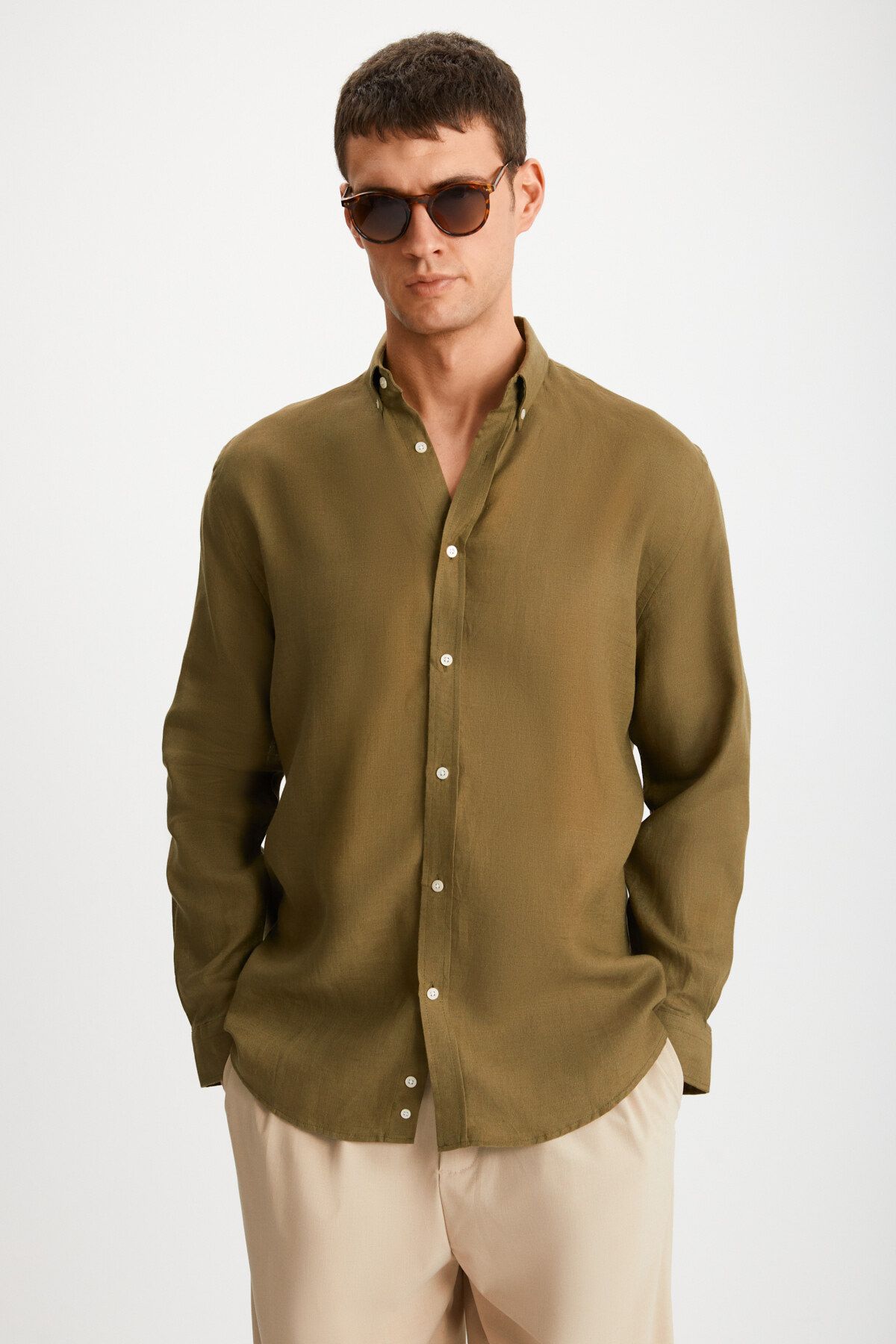 GRIMELANGE Brıce Erkek %100 Keten Kumaşlı Dökümlü Haki Gömlek
