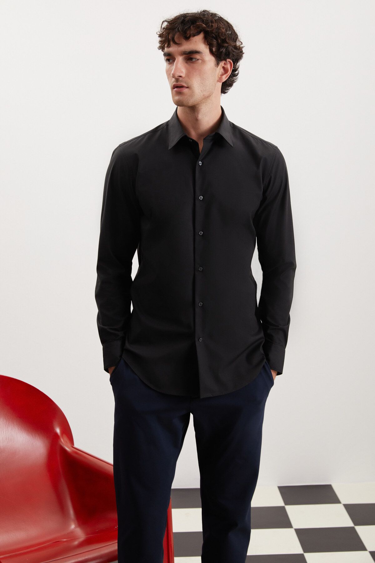 GRIMELANGE Branham Erkek Ultra Esnek Pamuk Elastan Kumaşlı Slim Fit Poplin Siyah Gömlek