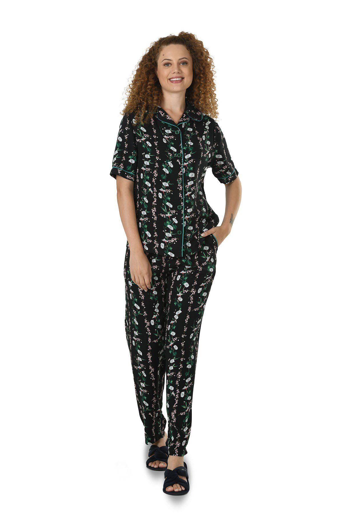 Jiber Kadın Siyah Dokuma Düğmeli Ceket Yaka Pijama Takımı 10136