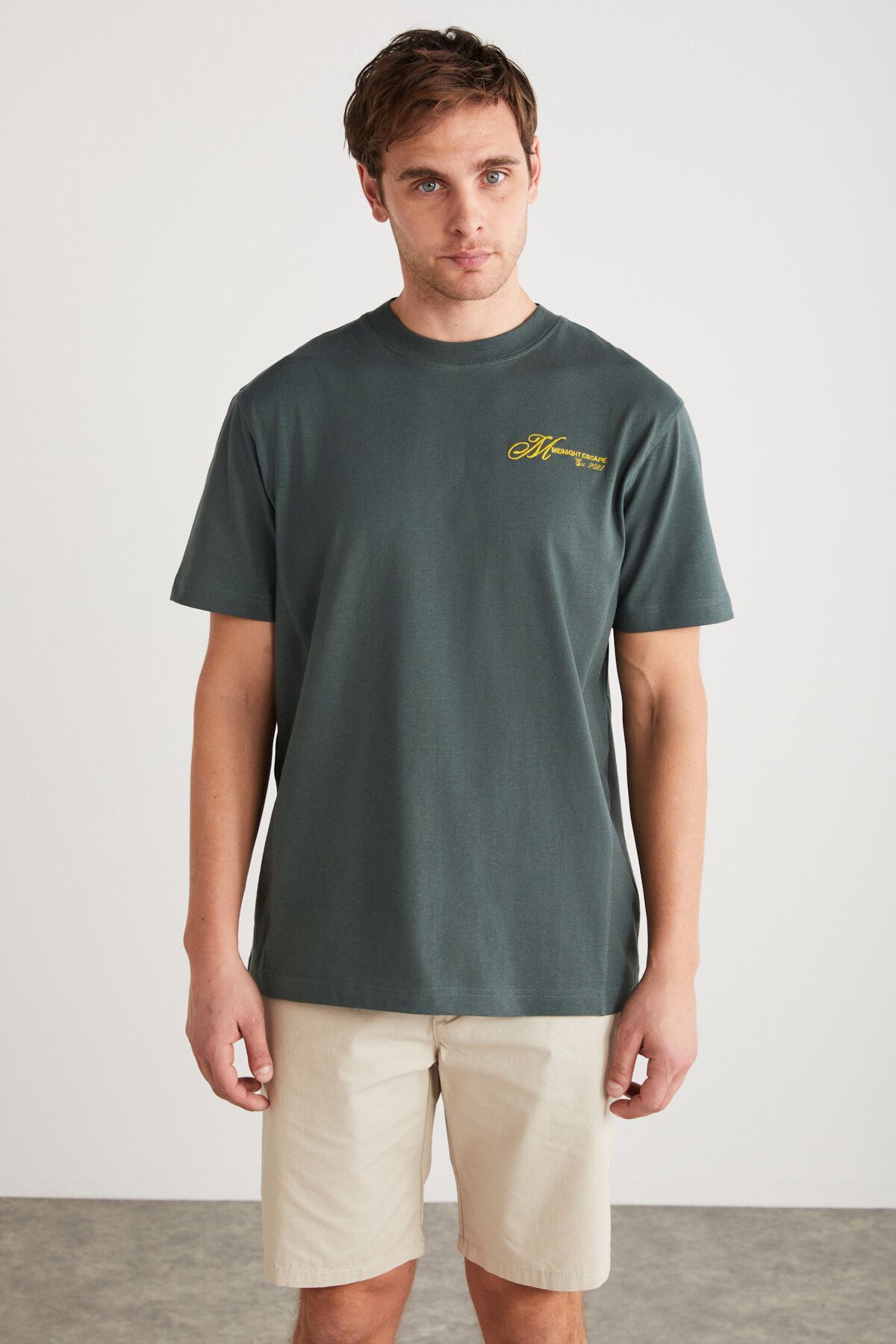 GRIMELANGE SANTORINI Erkek %100 Pamuk Kısa Kollu Nakışlı Yeşil T-Shirt