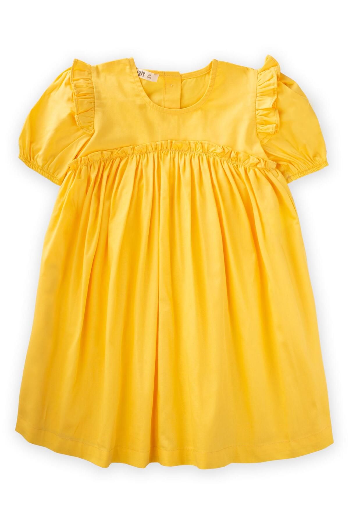 Cigit Robadan Fırfır Büzgülü Poplin Elbise 2-7 Yaş Sarı
