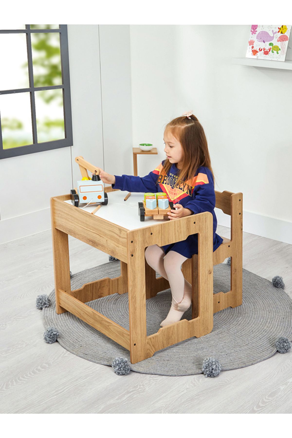 Minera Ahşap Çocuk Oyun Aktivite Masası Sandalyesi Çalışma Masası 4-6 Yaş Martı Model Naturel
