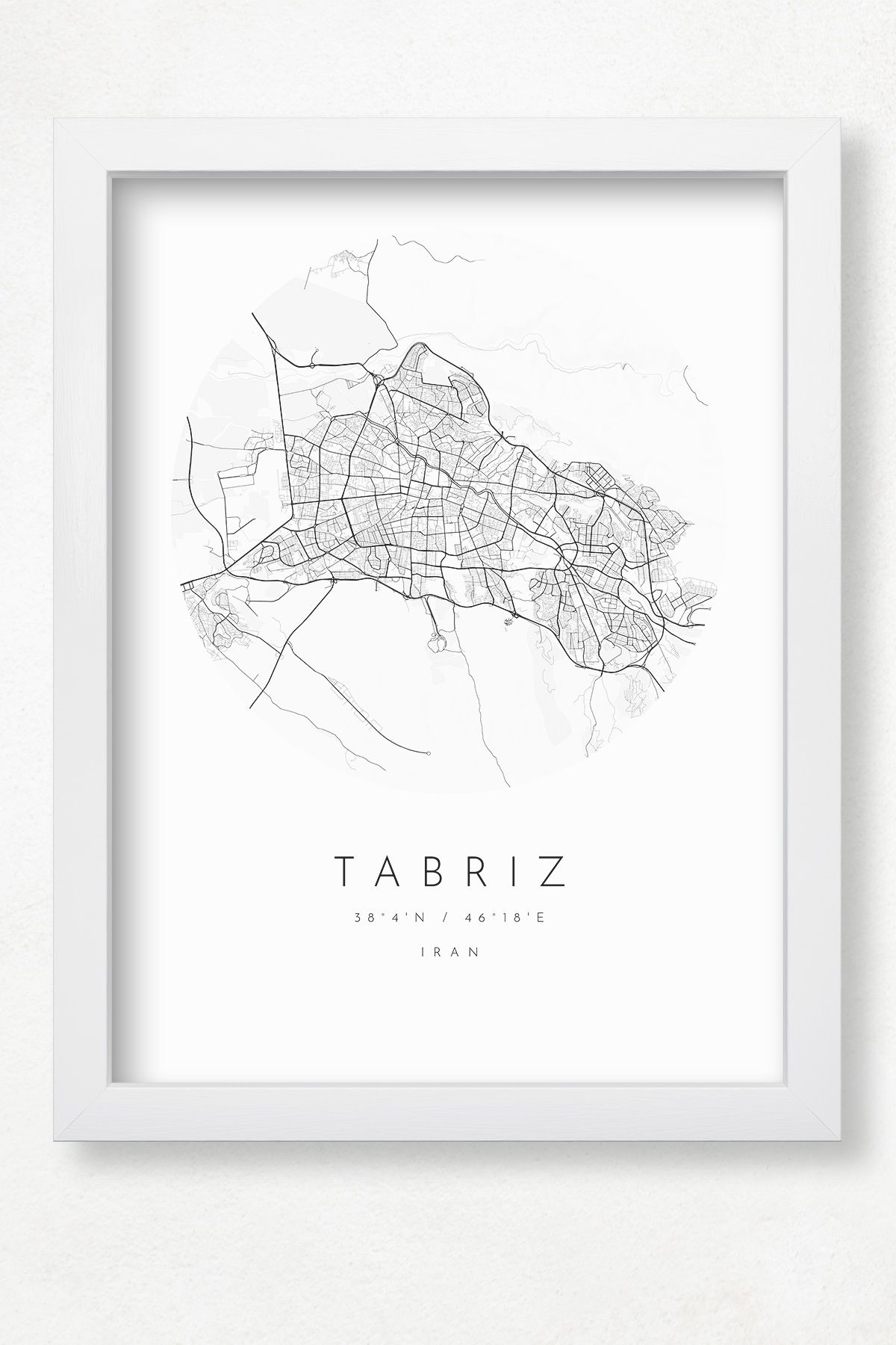 DuoArt Tebriz Şehir Haritası - Iran/Doğal Ahşap Çerçeveli Poster/Çerçeve Rengi:Beyaz