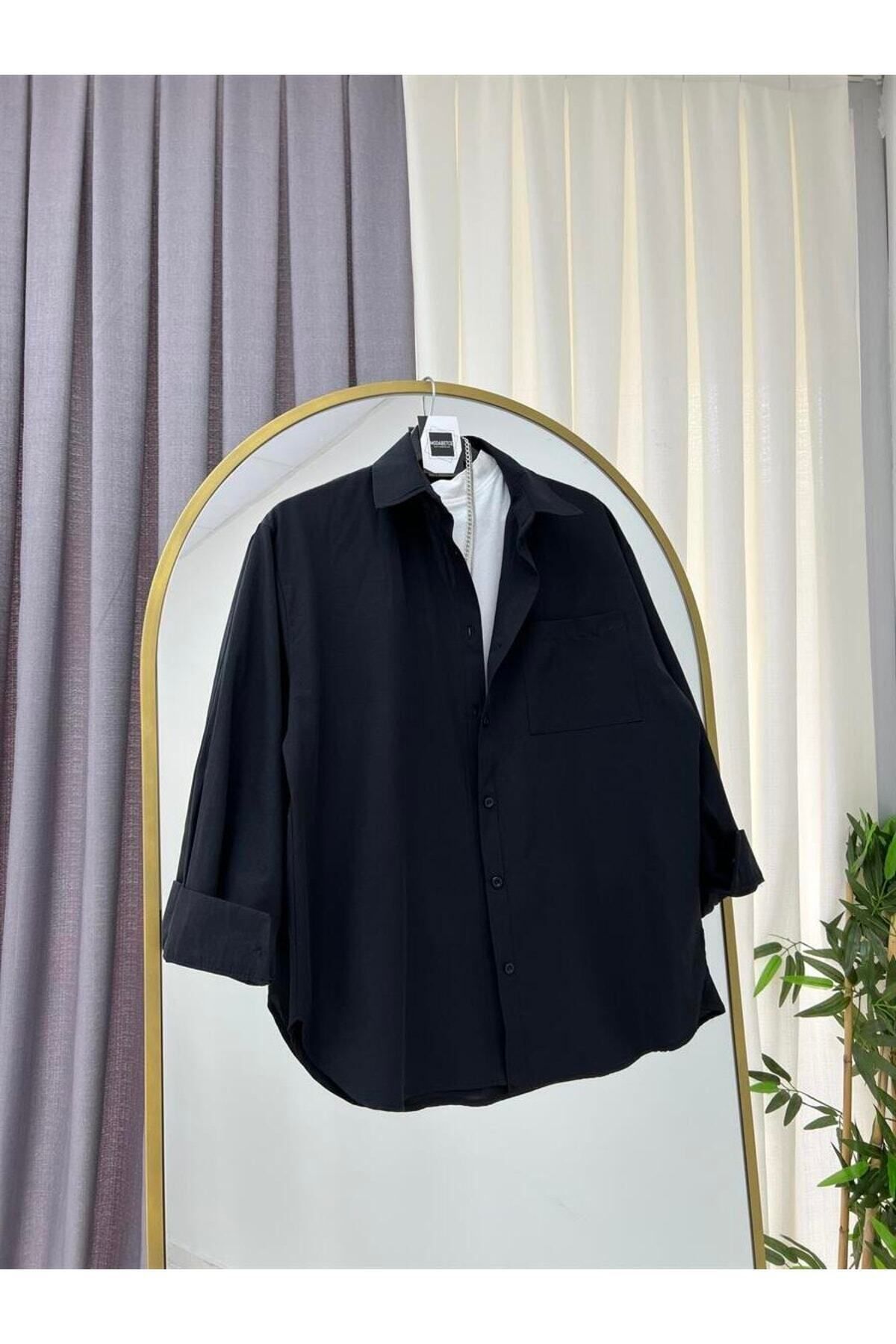 modabetce Gömlek Siyah Oversize Balon Kol Pile Detaylı Uzun Basic Kadın Gömlek 0001