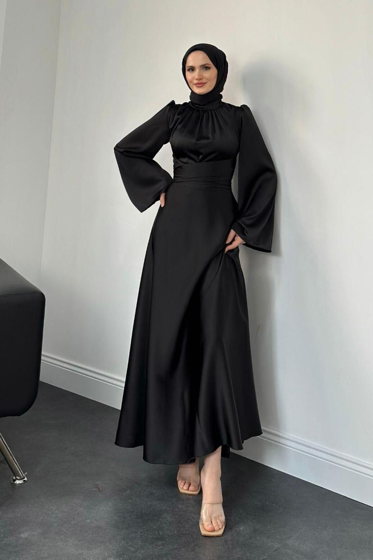 mervenakyuz Violet İspanyol Kol Belden Bağlama Saten Elbise Siyah