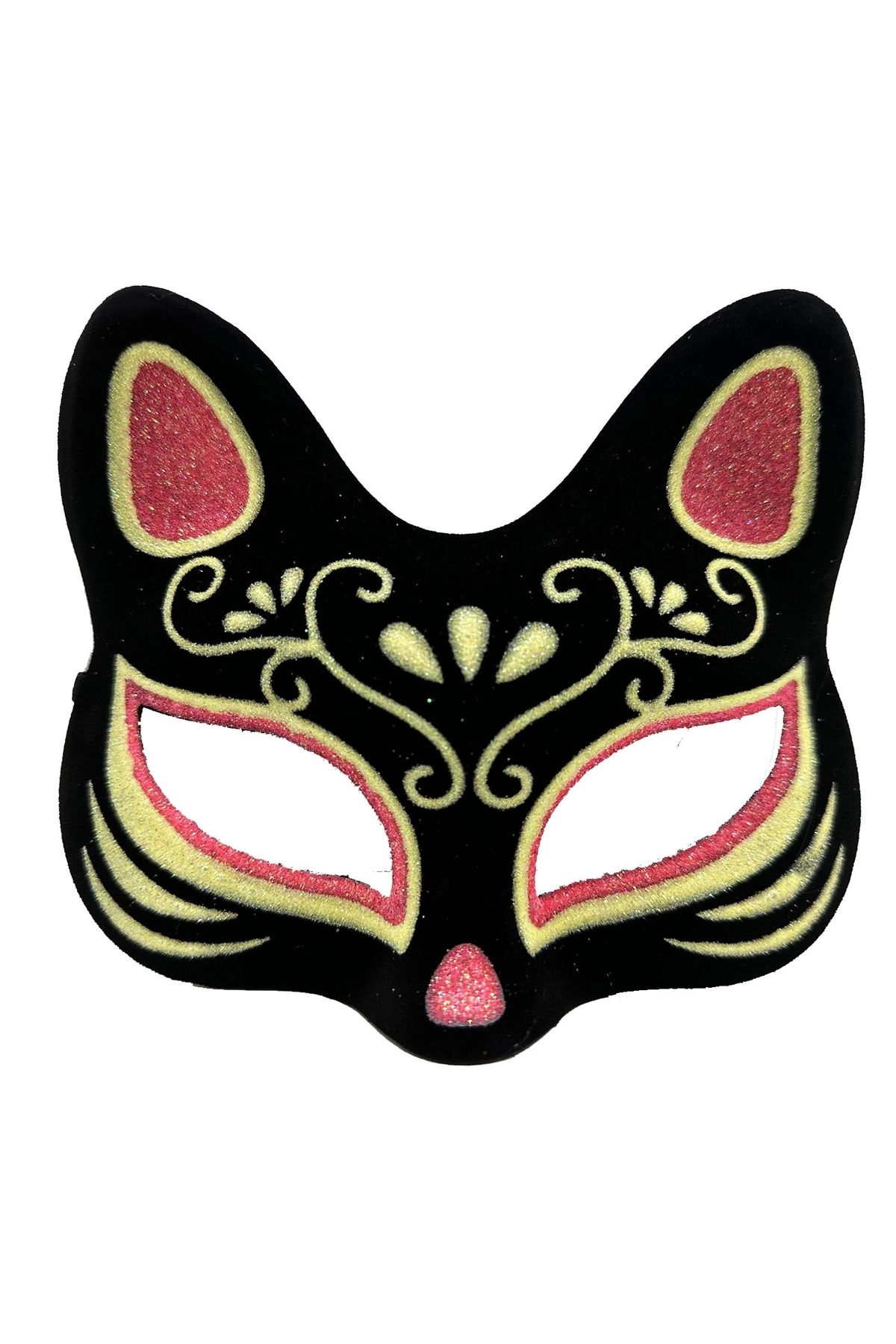 Genel Markalar Siyah Renk Süet Kaplama Üzeri Kırmızı Sarı Simli Kedi Maskesi 17x14 Cm