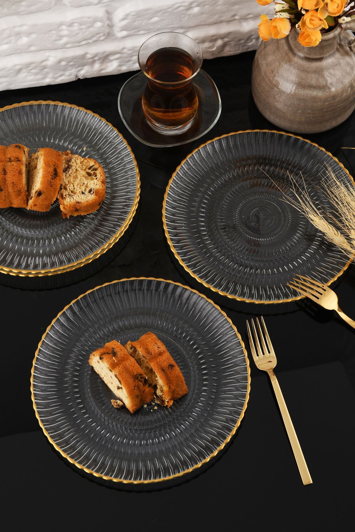 ANGDESİGN AngDesign Selen Cam Pasta tabağı-kenarı altın yaldızlı-4 parça