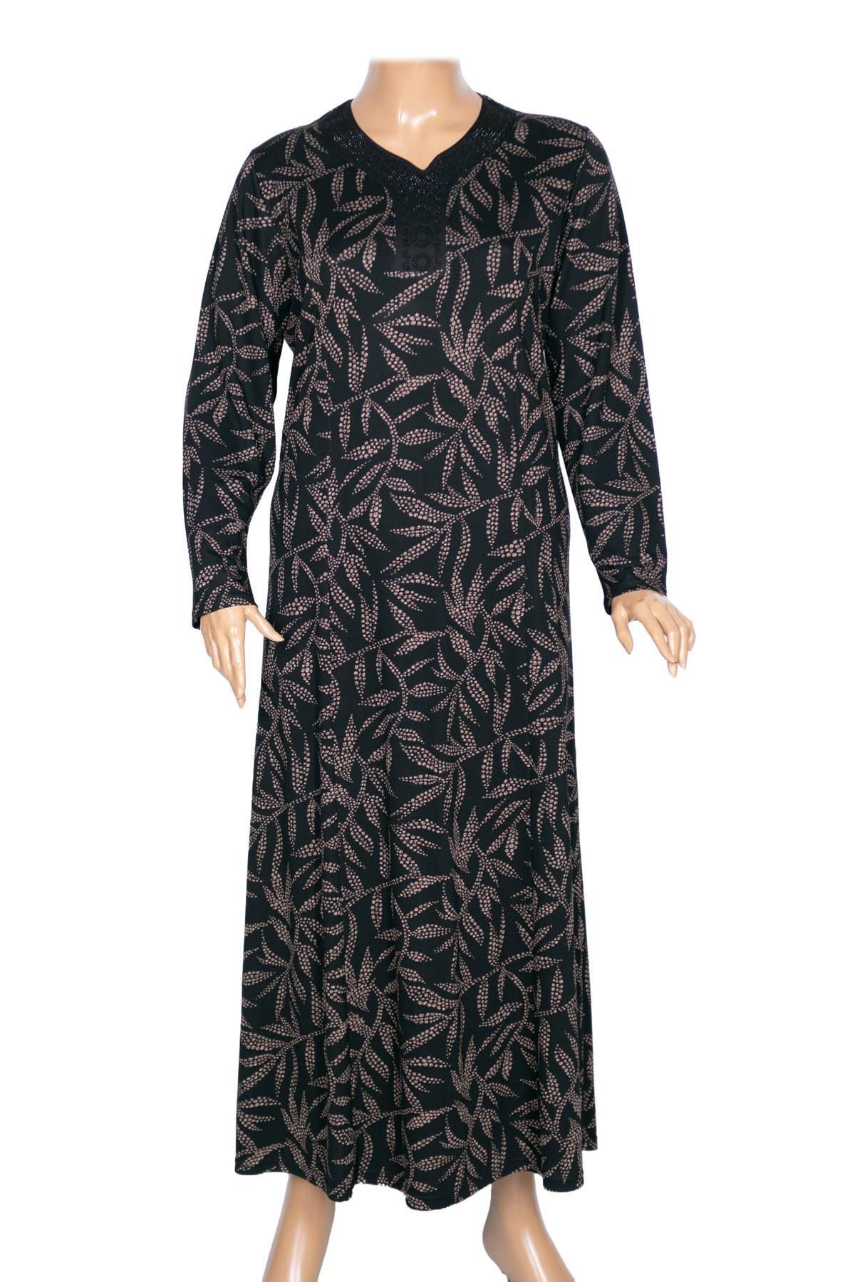HESNA Kadın Demet Kuplu Boydan Kum Yaprak Desen Siyah Elbise