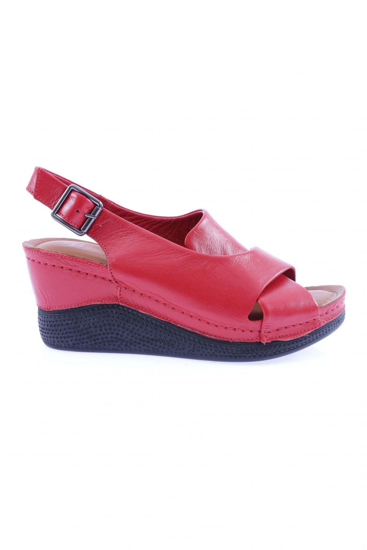 Dgn 6107 Kadın Çapraz Bantlı Kalın Taban Sandalet Hakiki Deri Kırmızı