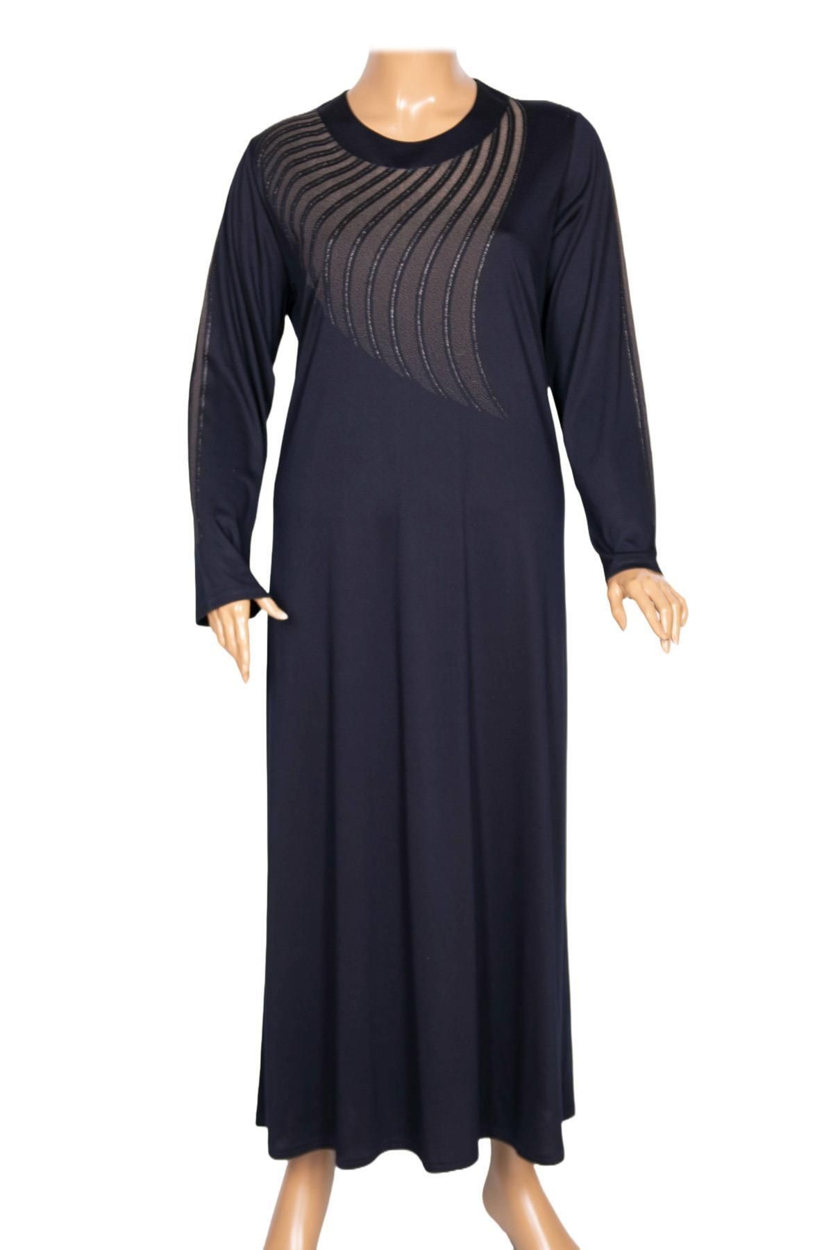 HESNA Kadın Belde Büyük Beden Boydan Baskılı Lacivert Elbise