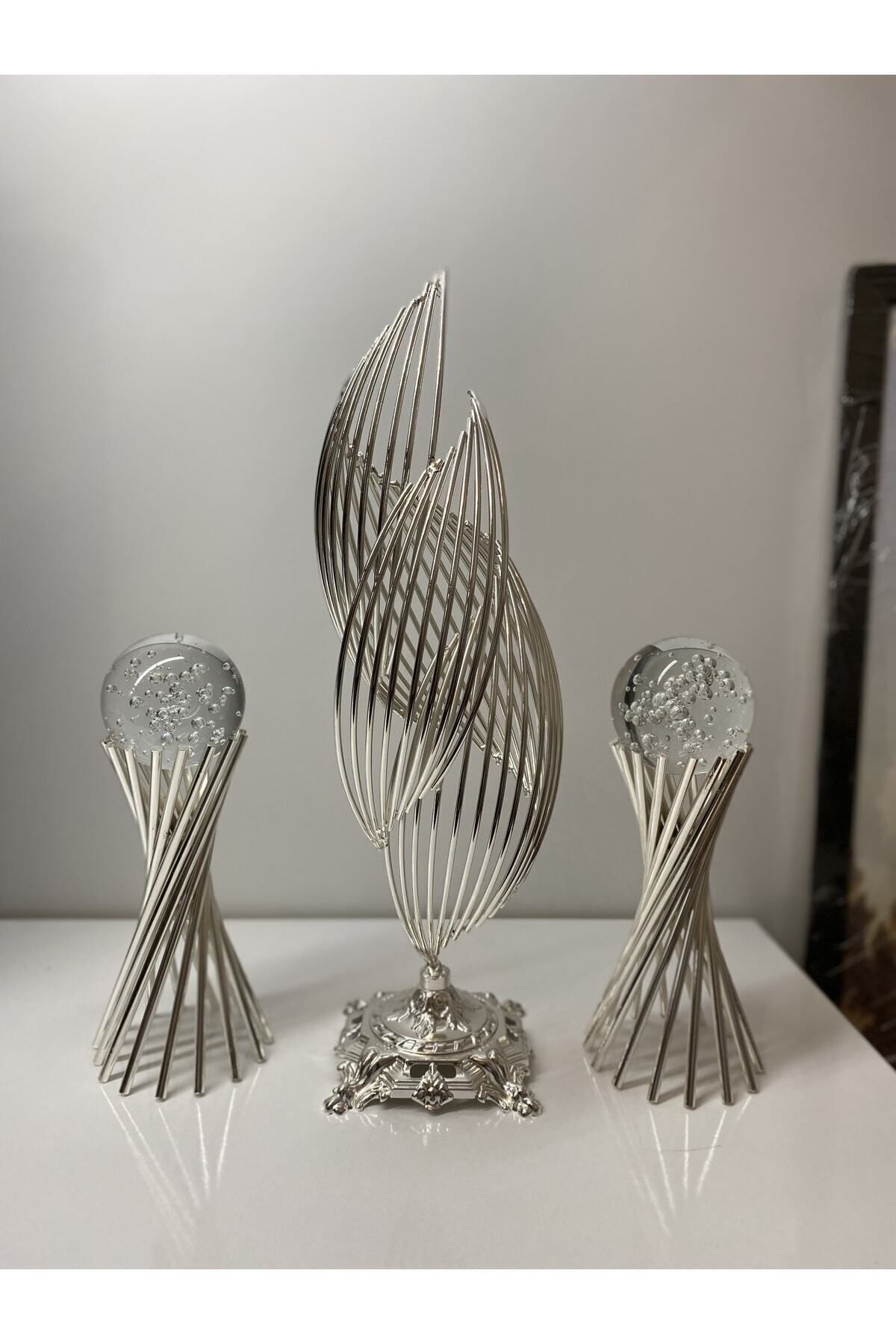 asellus 3lü Set : Gümüş Renk Metal Tasarımlı 2 Burgulu Ve 1 Helezon Dekorasyon Objesi, Hediyelik Lüks Ev