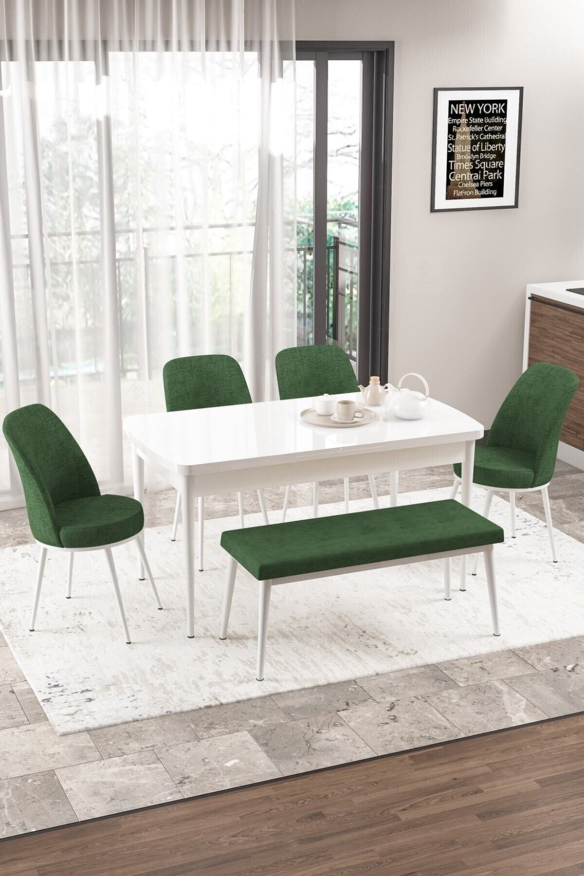 Canisa Concept Via Serisi Mutfak Masa Takımı, Beyaz , 4 Adet Haki Yeşil Sandalye 1 Adet Pera Bench